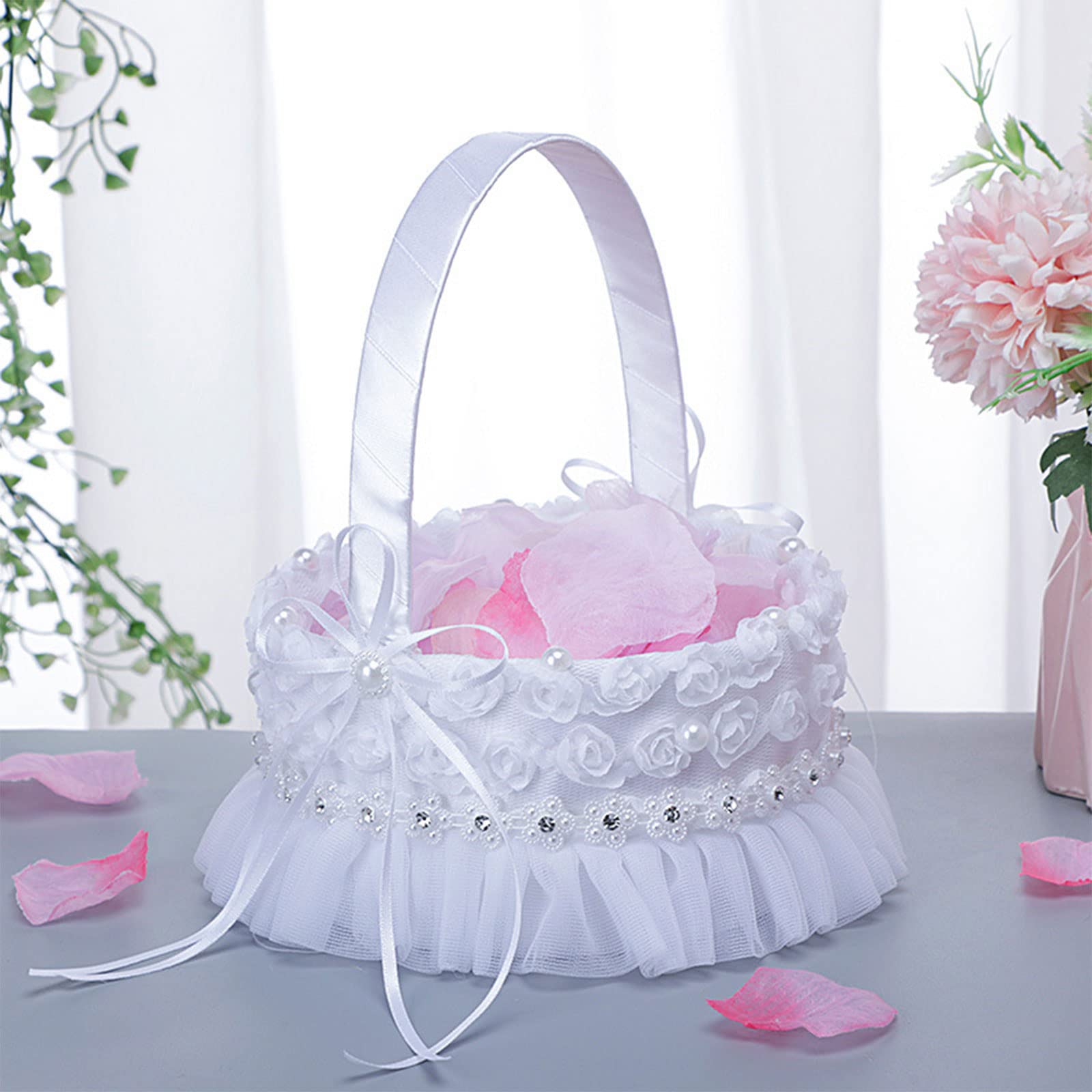 2 Paniers à Fleurs De Mariage En Satin Blanc - Dentelle, Strass, Perles, Pour Enfants Ou Décoration - 11