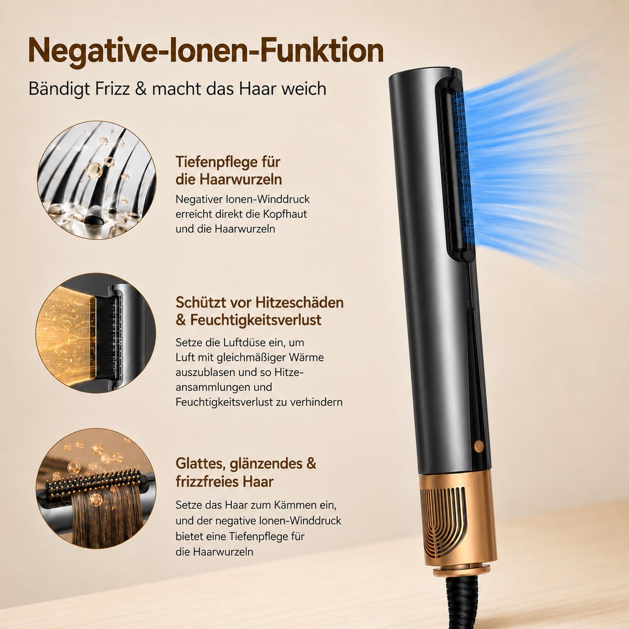 Golden Goods Airloop Haarglätter mit Luft 3-in-1, Luft-Glätteisen, Föhn & Stylingbürste, Glätteisen, 150 Mio. Ionen/cm³, für nasses und trockenes Haar, 1600W, schnelles Trocknen und Glätten