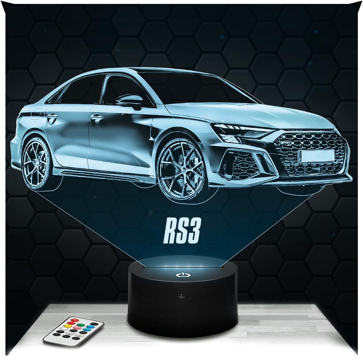 Lampephoto.fr - Car RS3 3D Lamp, Night Light 3D LED Illusion Lamp, Miniature Decoration Collection, Gift idea for Car Fan, Night Light for Children's Bedroom, Gift idea for Boys, Original Gift