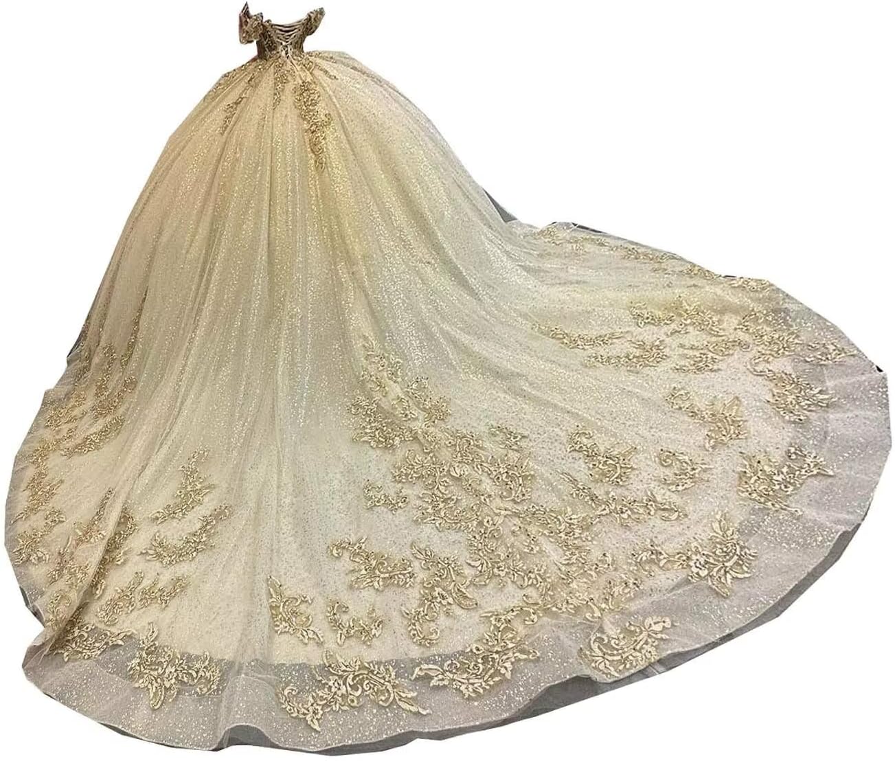 Boho Cold Shoulder Glitter Gold Fabric Flower Patterns Ball Gown Prom Quince Dresses Asymmetical Puffy Skirt 2025