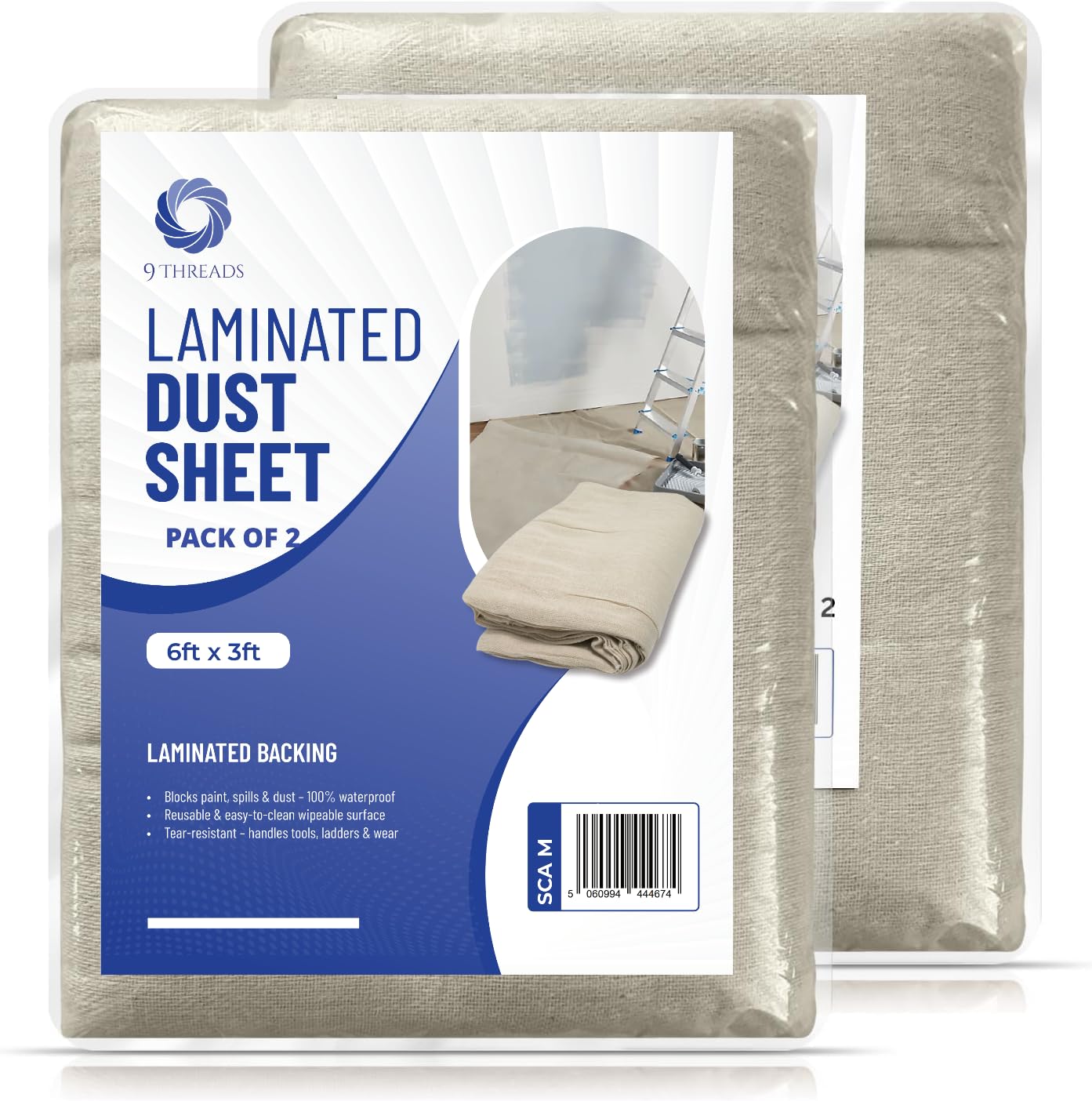 9Threads Laminted Cotton Dust Sheets | Washable & Reusable Drop Cloths for Painting & Decorating | Paint Cover Sheets for Furniture & Floors (Laminated 6 X 3 FT Pack of 2)