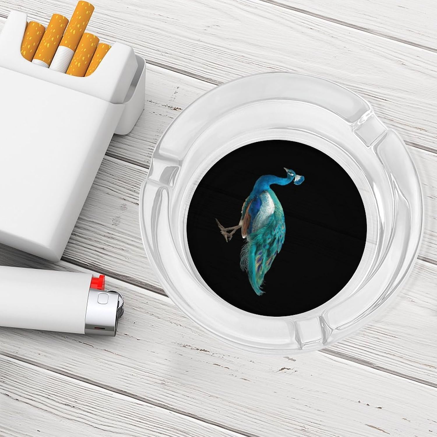 Peacock Bird Glass Ashtray for Cigarettes Round Home Ash Tray for Patio Outdoors