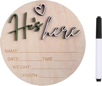 Baby Announcement Sign, 5.9 Inch Wooden Hello World Newborn Signs, Birth Announcement Sign, Gender Reveal Signs, Hes here Decoration, Welcome Newborn Arrival To World Hes,Sage Green