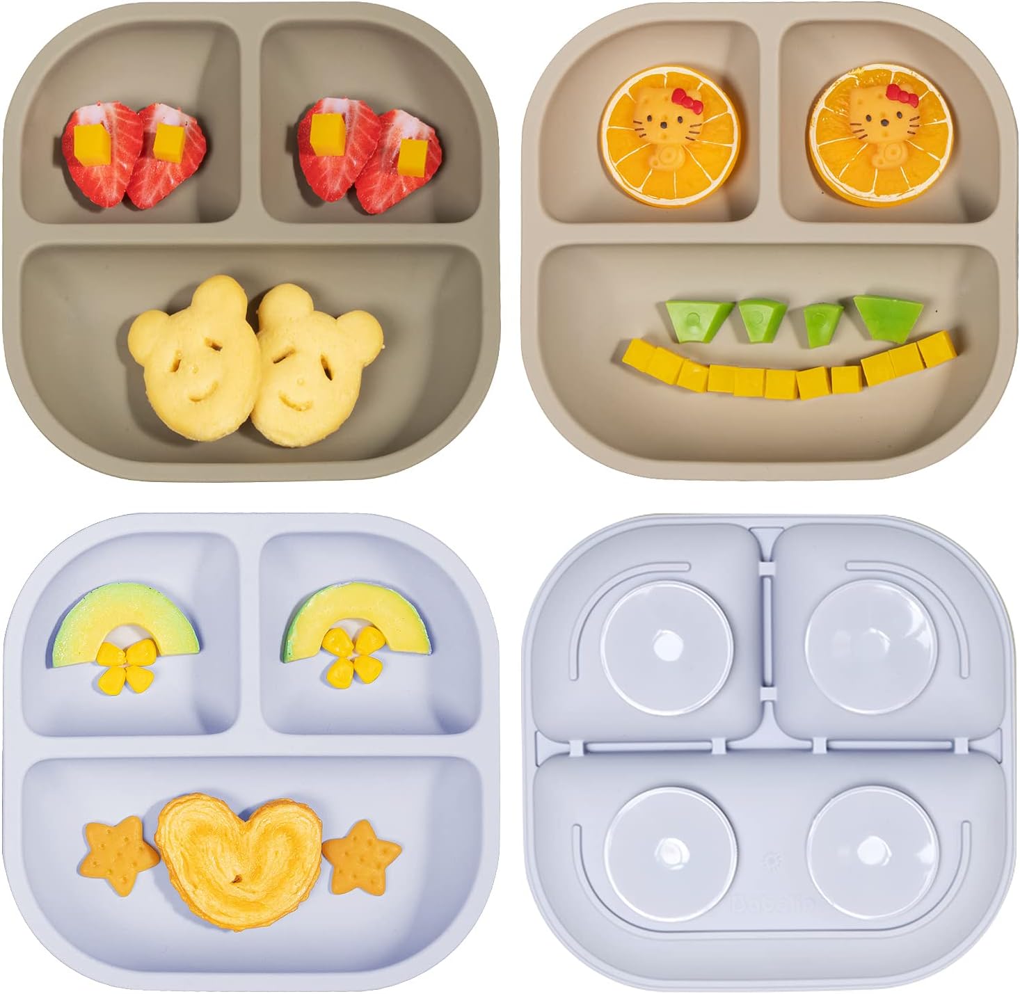 BABELIOPowerful Suction Plates for Baby and Toddler, 100% Food Grand Silicone Divided Baby Plates, BPA Free, Microwave & Dishwasher Safe, Stay Put with 4 Suction Cups, 3 Pack