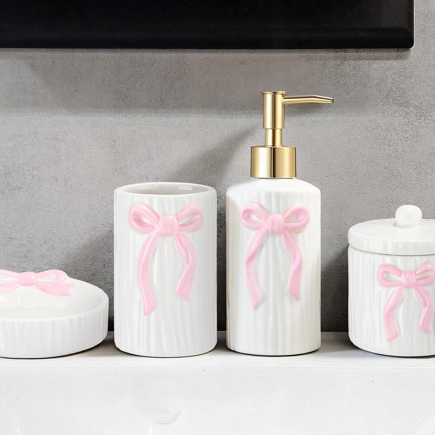 Zhehao 4 Pcs Ceramic Pink Bow Bathroom Set Bow Bathroom Accessories Soap Dispenser Tumbler Toothbrush Holder Vanity Soap Tray Cotton Swab Jars Refillable Decor Pink Decor Gift for Her