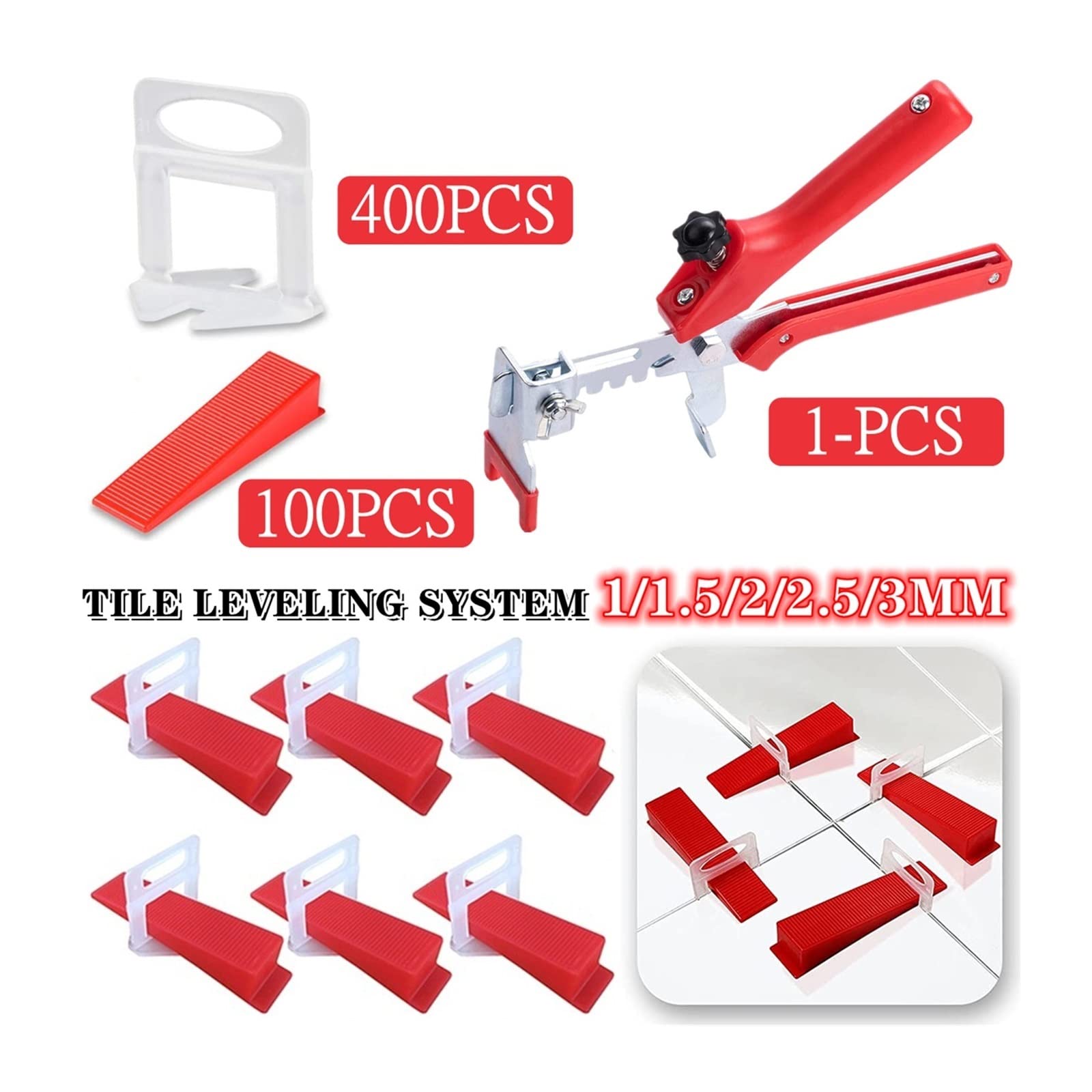 Sistema de nivelación de azulejos de 501 Uds., 1/1, 5/2/2, 5/3 milímetros, Kit de herramientas de nivelación de azulejos con 400 Uds., espaciadores de nivelador de azulejos, Clip y 100 Uds. De cuñas y