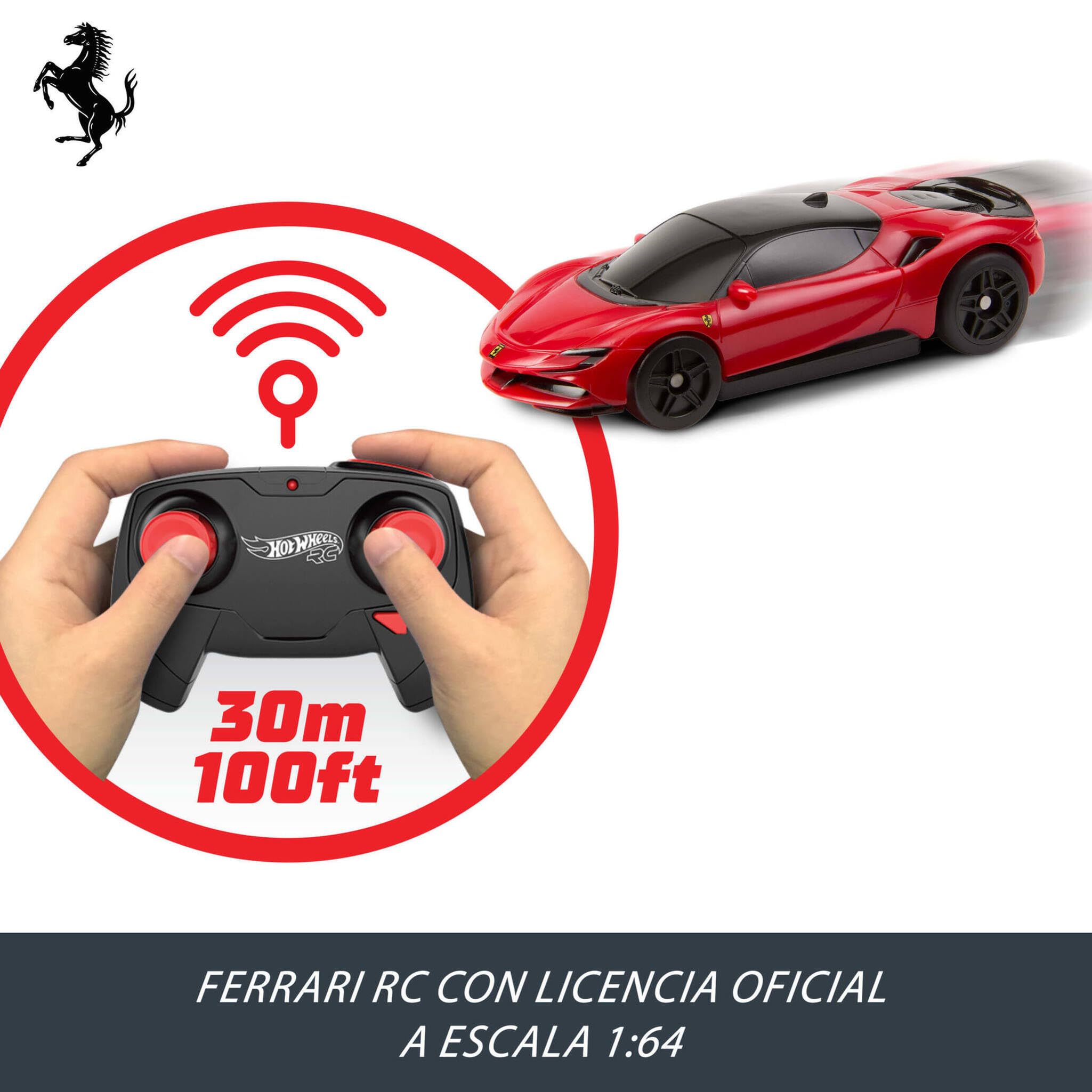 Hot Wheels RC Ferrari SF90 Stradale Assetto Fiorano Coche de Juguete teledirigido a Escala 1:64, Corre Dentro y Fuera de la Pista, botón de aceleración para Aumentar la Velocidad, JGD09