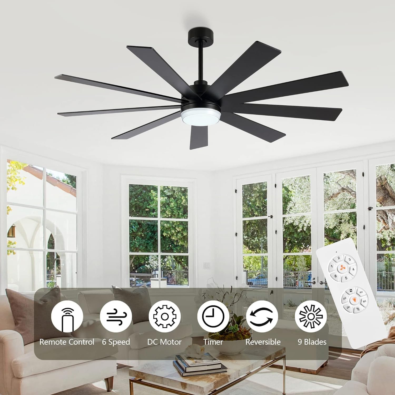 Diagram showing fan blade direction for summer (counter-clockwise for cooling) and winter (clockwise for air circulation) modes.
