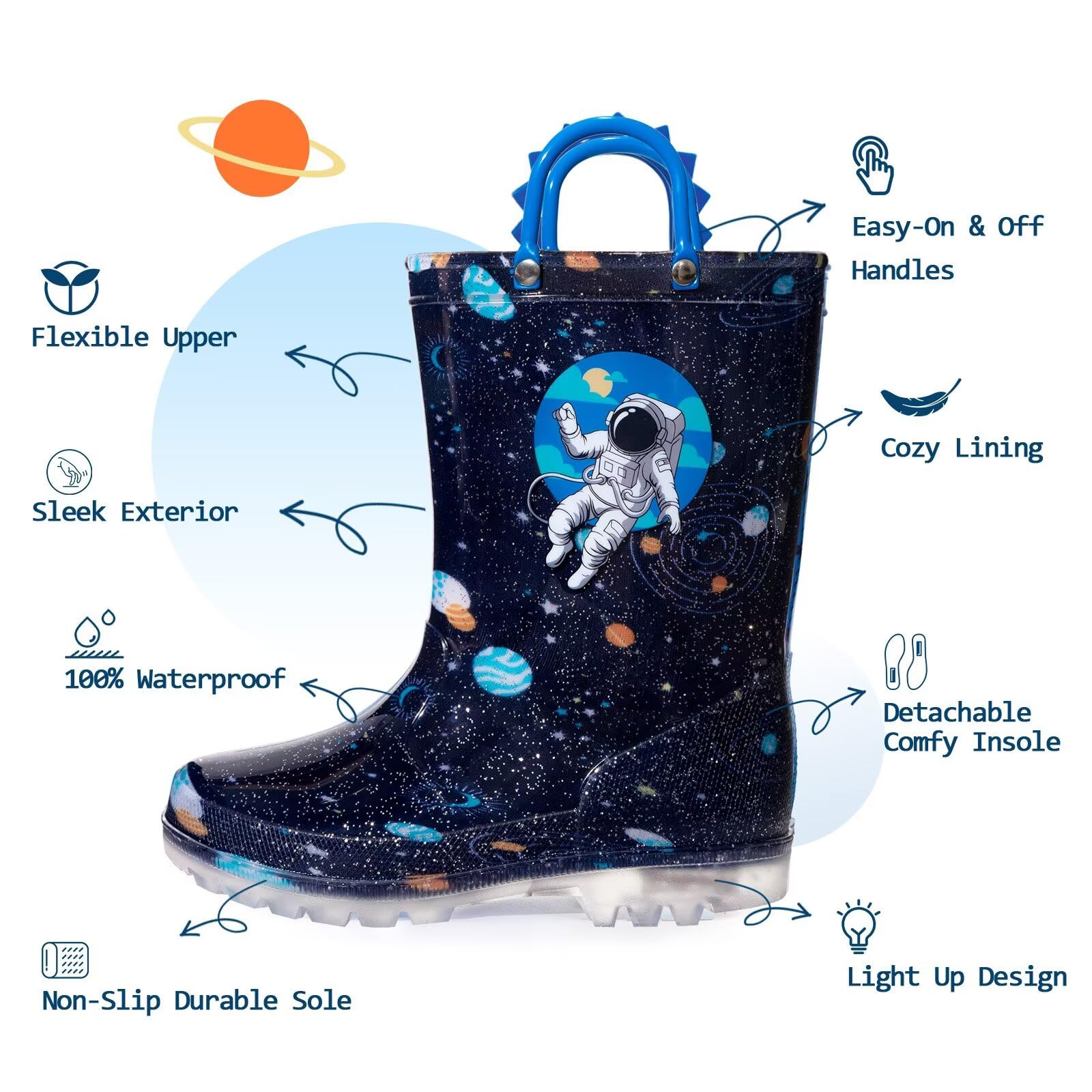 EUXTERPA Kids Toddler Light Up Rain Boots Boys Girls Waterproof Patterns and Glitter Boots with Easy On Handles — view 2