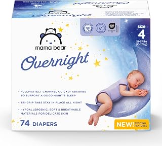 Mama Bear Overnight Diapers Size 4, 74 Ct - Enhanced Absorbency, Leakproof Guards, Hypoallergenic for Dry Nights