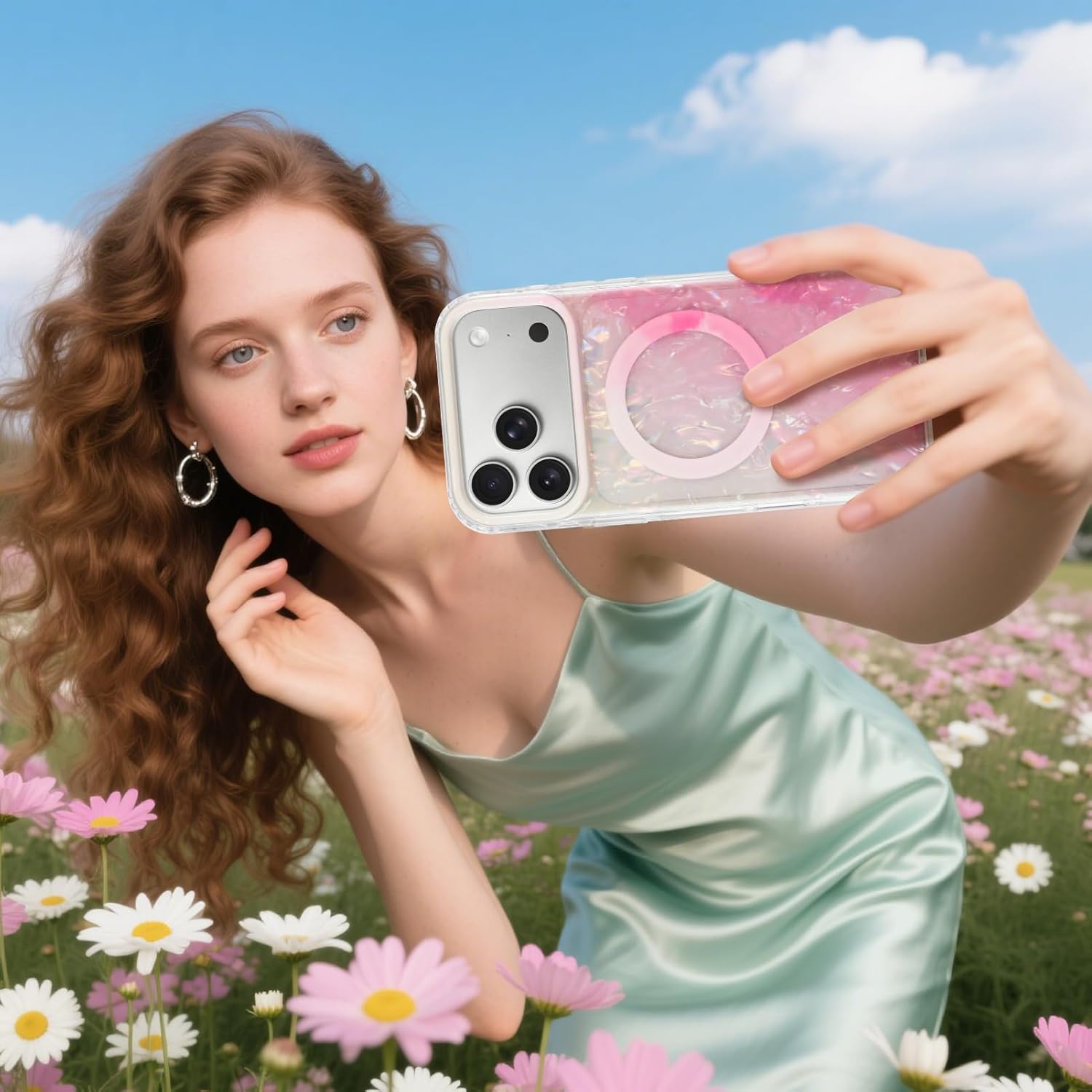 for iPhone 17 Pro Max Case， Compatible with MagSafe，with Colorful Pearl Iridescent Design, of Pearl Gradation Shell Pattern.