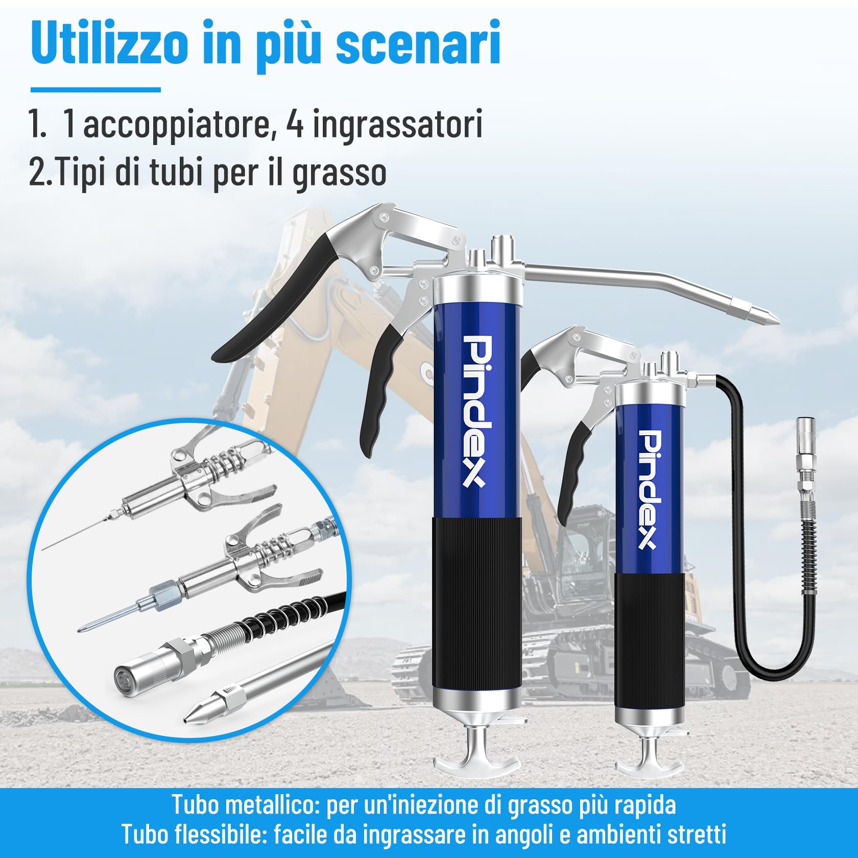 Pindex Ingrassatore Manuale con Ugello,Pistola per Grasso Manuale con Testina Ingrassatore per Cartuccia 400 gr,Pistola Ingrassatore con Ugelli per Ago,3 Tubo,Blu