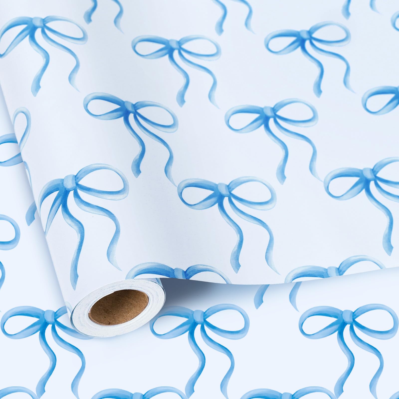 Whaline Blue Bow Wrapping Paper -Mini Roll- 17in x 38Ft Bow-knot Gift Wrap Paper for Wedding Bridal Baby Shower Birthday Party Wrapping Supplies