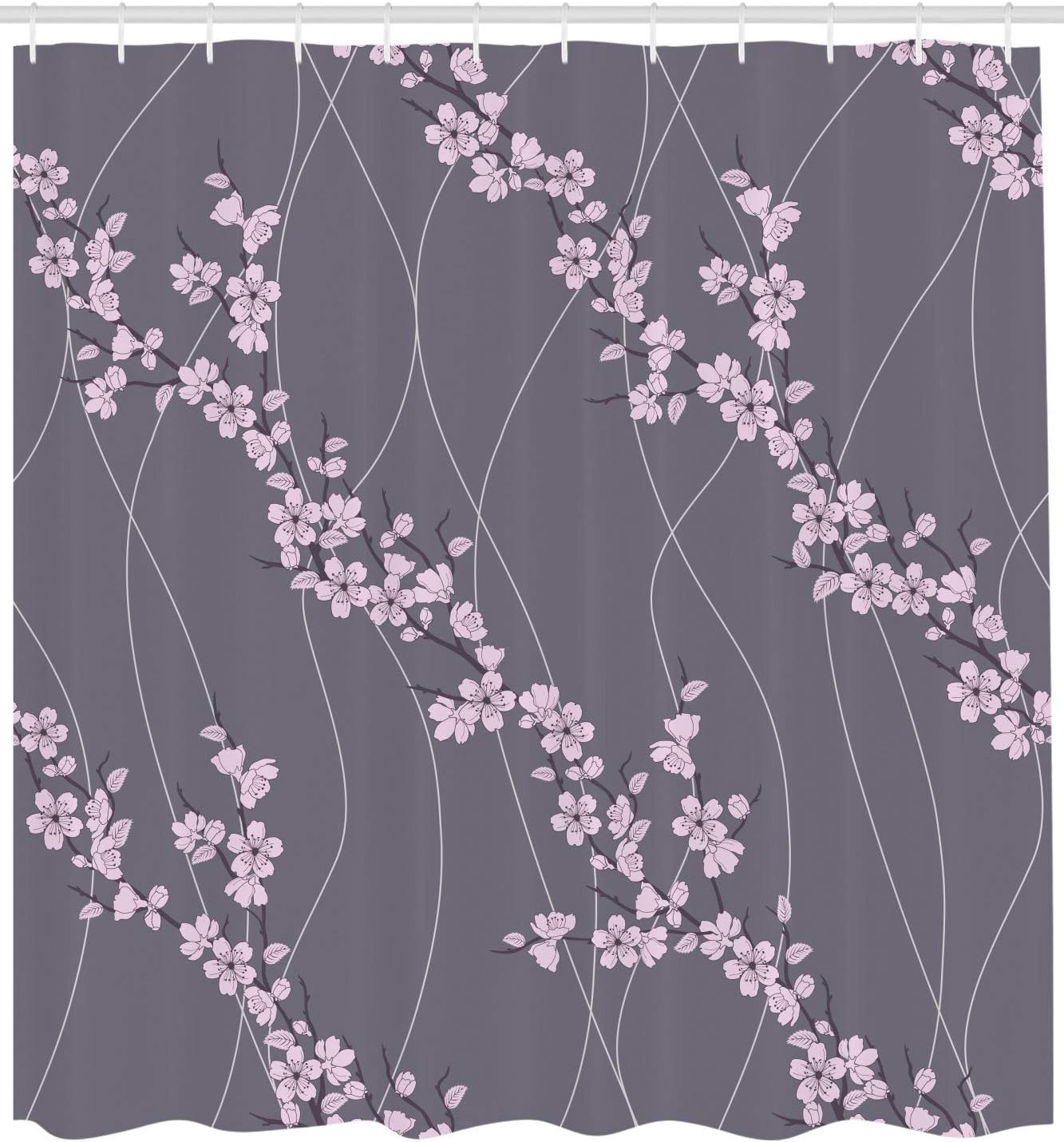 Ambesonne Floral Shower Curtain, Spring Japanese Sakura Branches Full Blossom Modern Oriental Composition, Cloth Fabric Bathroom Decor Set with Hooks, 69" W x 70" L, Pink