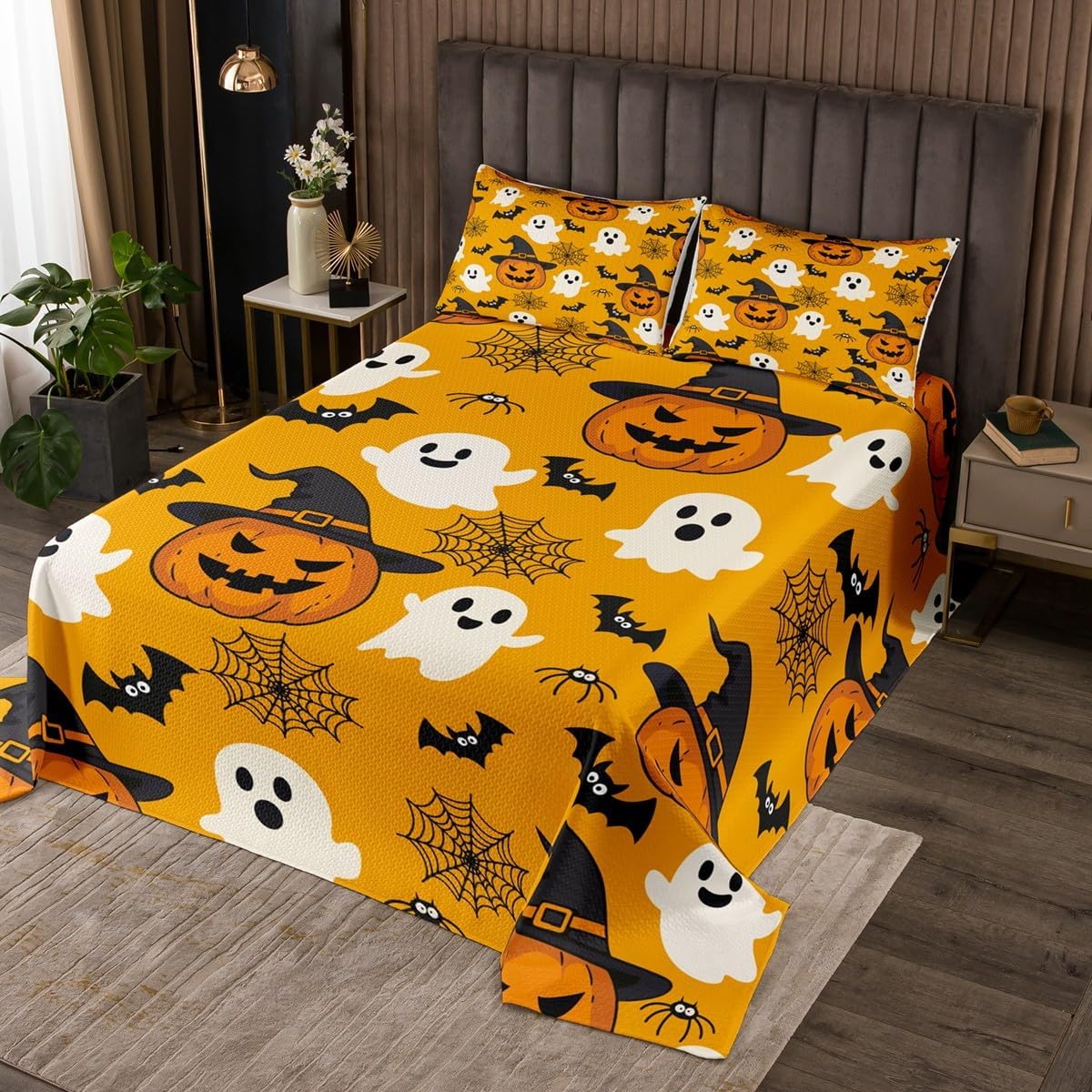 Erosebridal Pumpkin Lantern Bedding Set King Gothic Halloween Ghosts Bedspread Set for Boys Girls Kids Room Decor Cartoon Spider Web Bats Coverlet Set,Goth Horror Theme Bed Set,Orange