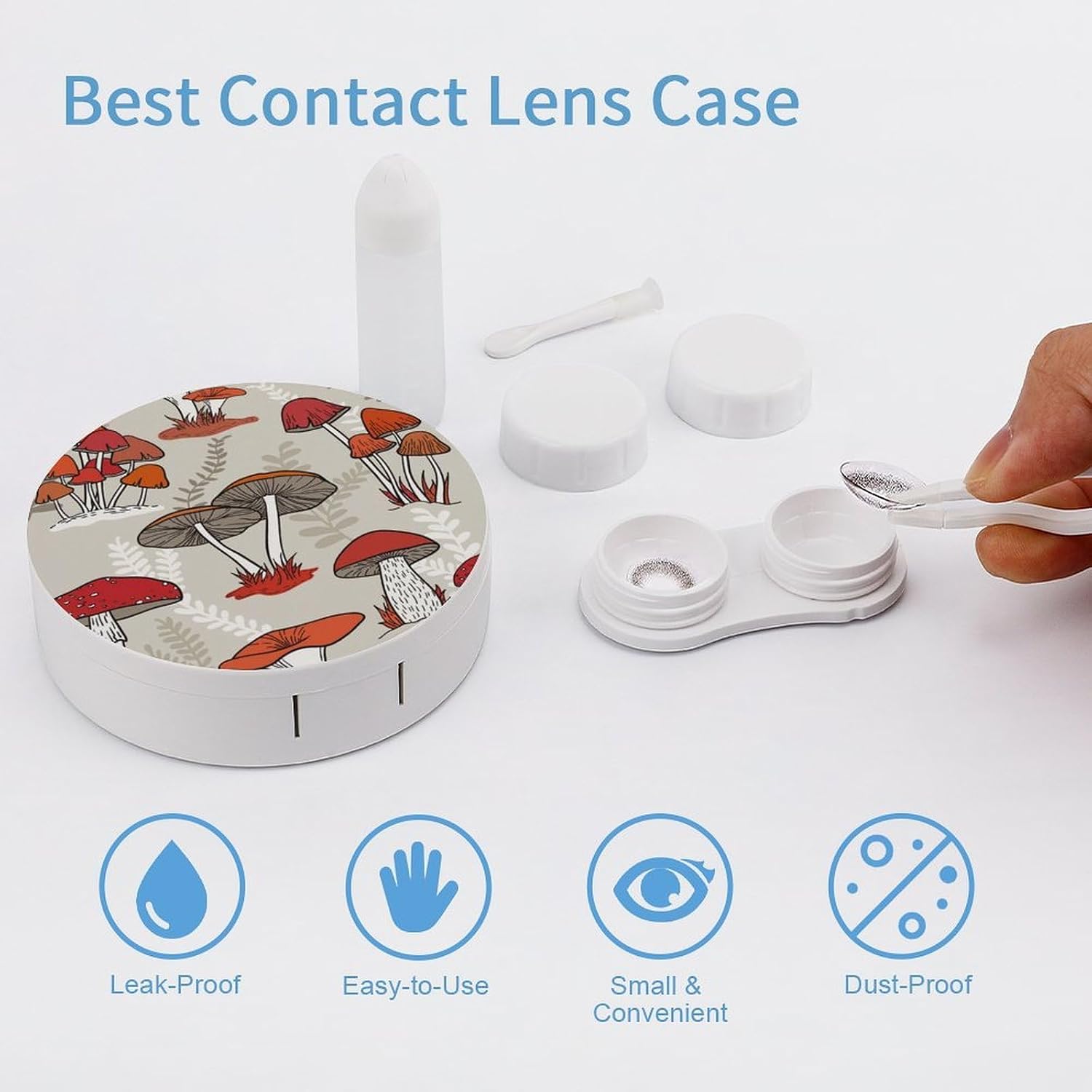 Red Mushrooms Contact Lens Case,Compact Portable Circle Contacts Lenses Case with Mirror Tweezers Contacts Lenses Container for Travel Daily Life