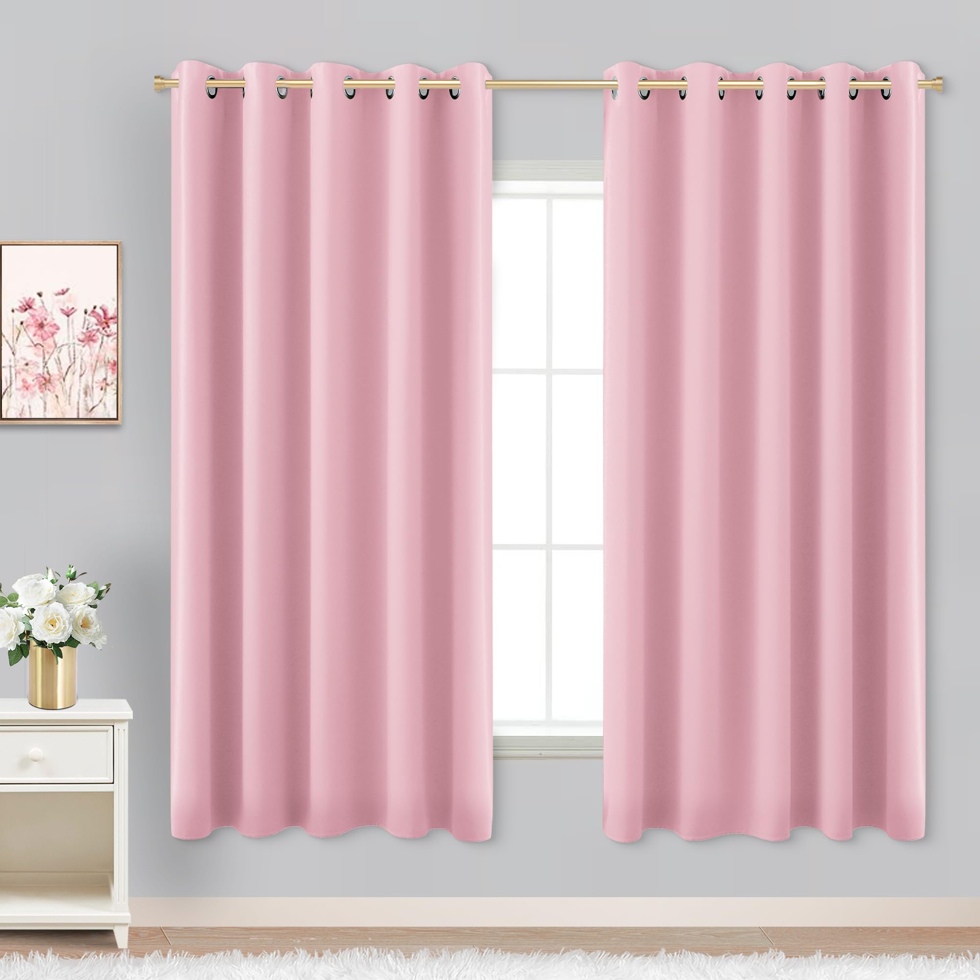 Pink Curtains 63 Inch Length for Baby Girls Nursery Decor,2 Panel Sets Pair Thick Room Darkening Heat Light Blocking Grommet Thermal Insulated Blackout Curtain for Bedroom Girls 72x63 Inches Long — image 1