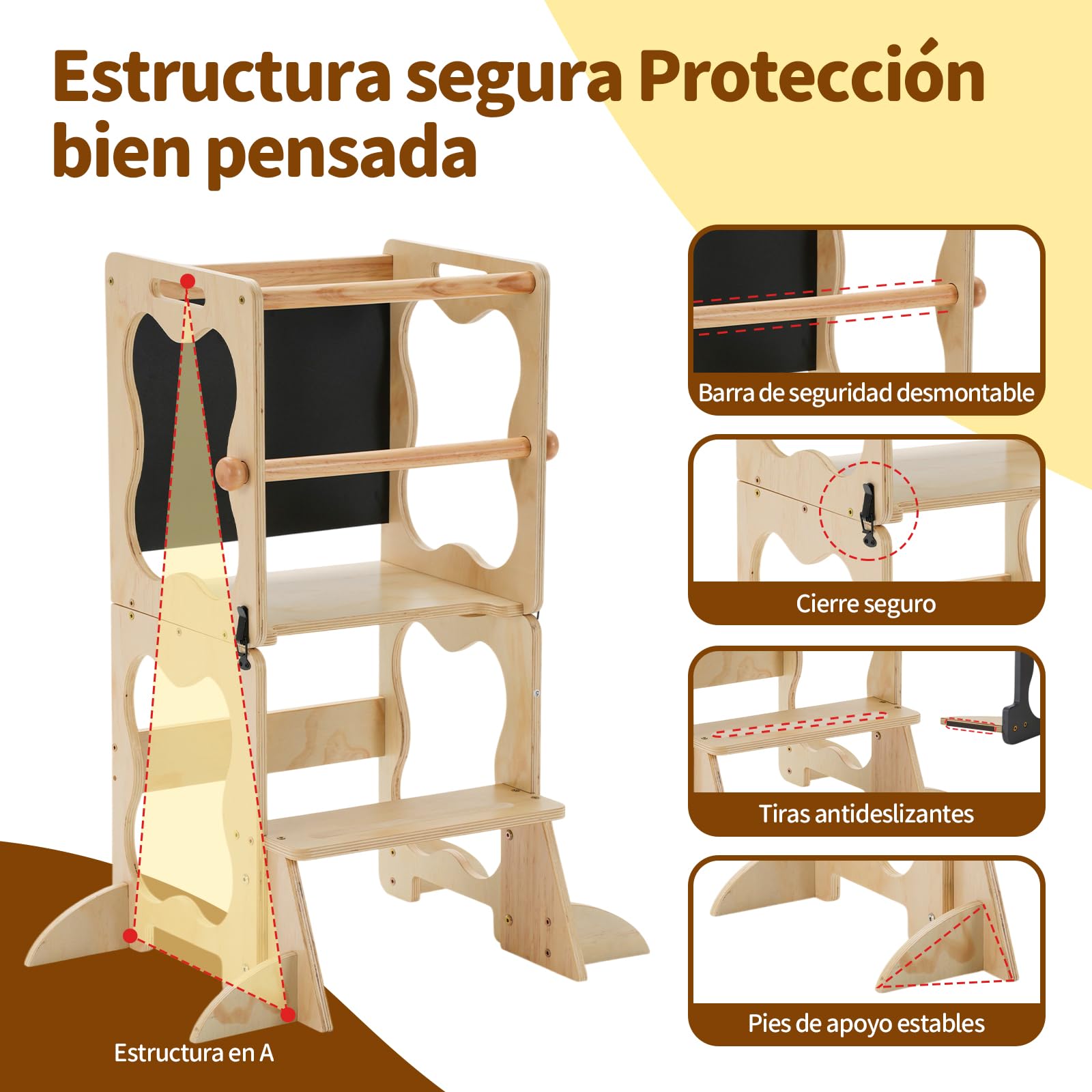 COSYLAND Torre de Aprendizaje Montessori 3 en 1 Convertible con Pizarra | Madera maciza, estructura en A con soportes de esquina; mesa con silla y pizarra para cocina, lavabo y dibujo