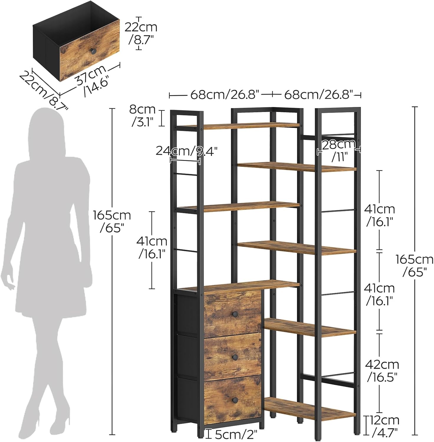 Corner Bookshelf and Hall Tree Bundle, 7 Tier L-Shaped Bookcase with 3 Drawers, Entryway Bench with Coat Rack, SJ10BR-MT05BR