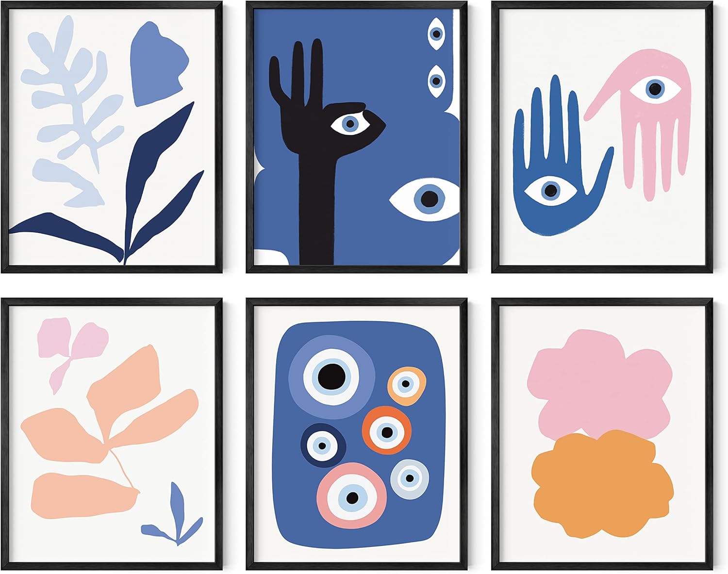 HAUS AND HUES Gallery Wall Art Set of 6 - Vintage, Abstract, Boho, Nature, Coastal and Aesthetic Posters for Room Decor (Evil Eye, 8x10, Black Framed)