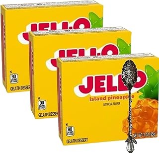 Gelatin Dessert Mix - 3 oz Boxes (Pack of 3) - With Candy Freezer Gem Spoon (Island Pineapple) - Gem Spoon