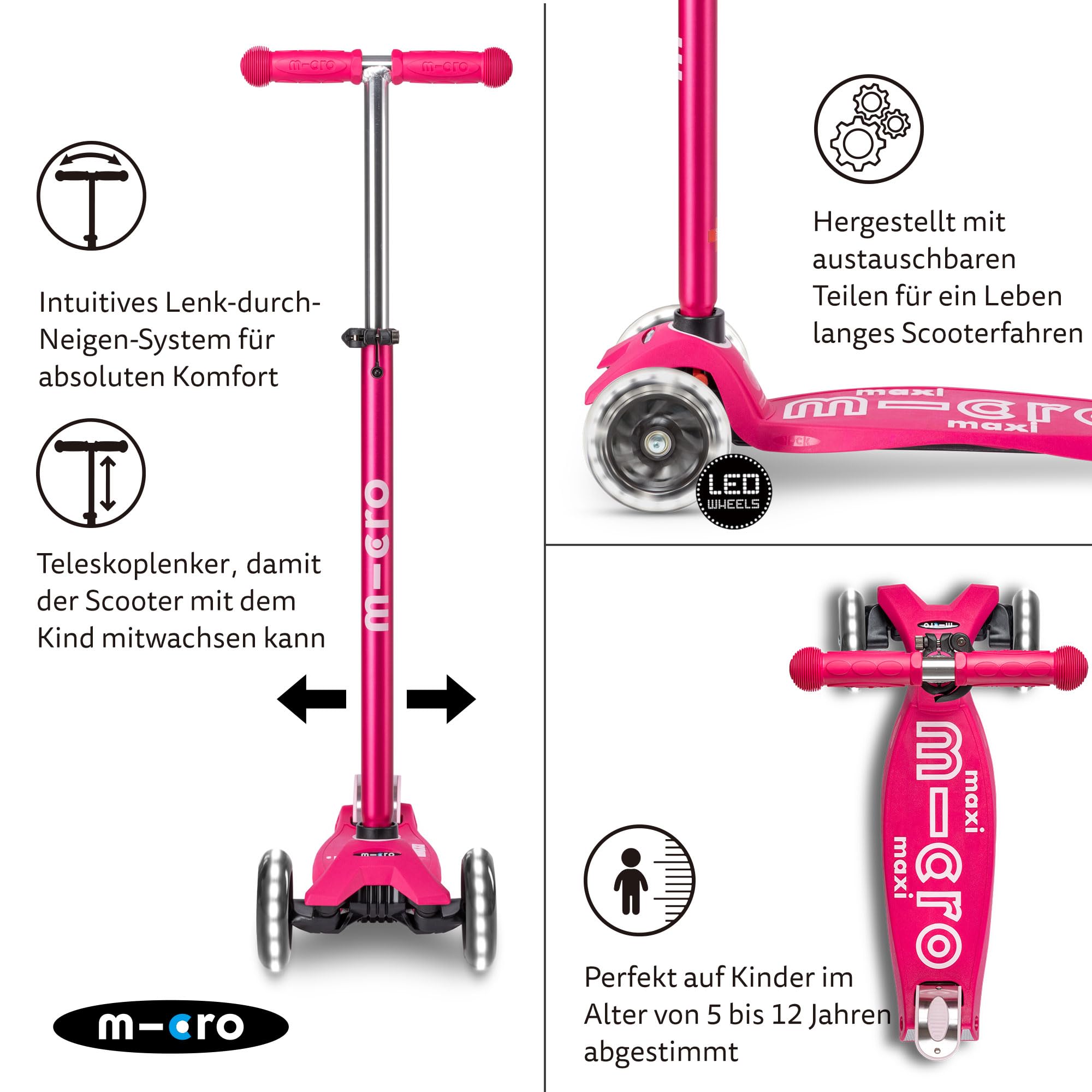 micro Maxi Deluxe LED Kickboard | Kickboard mit LED-Vorderrollen | Lenker höhenverstellbar | ab 5 Jahre | Kickboard in 6 Farben erhältlich