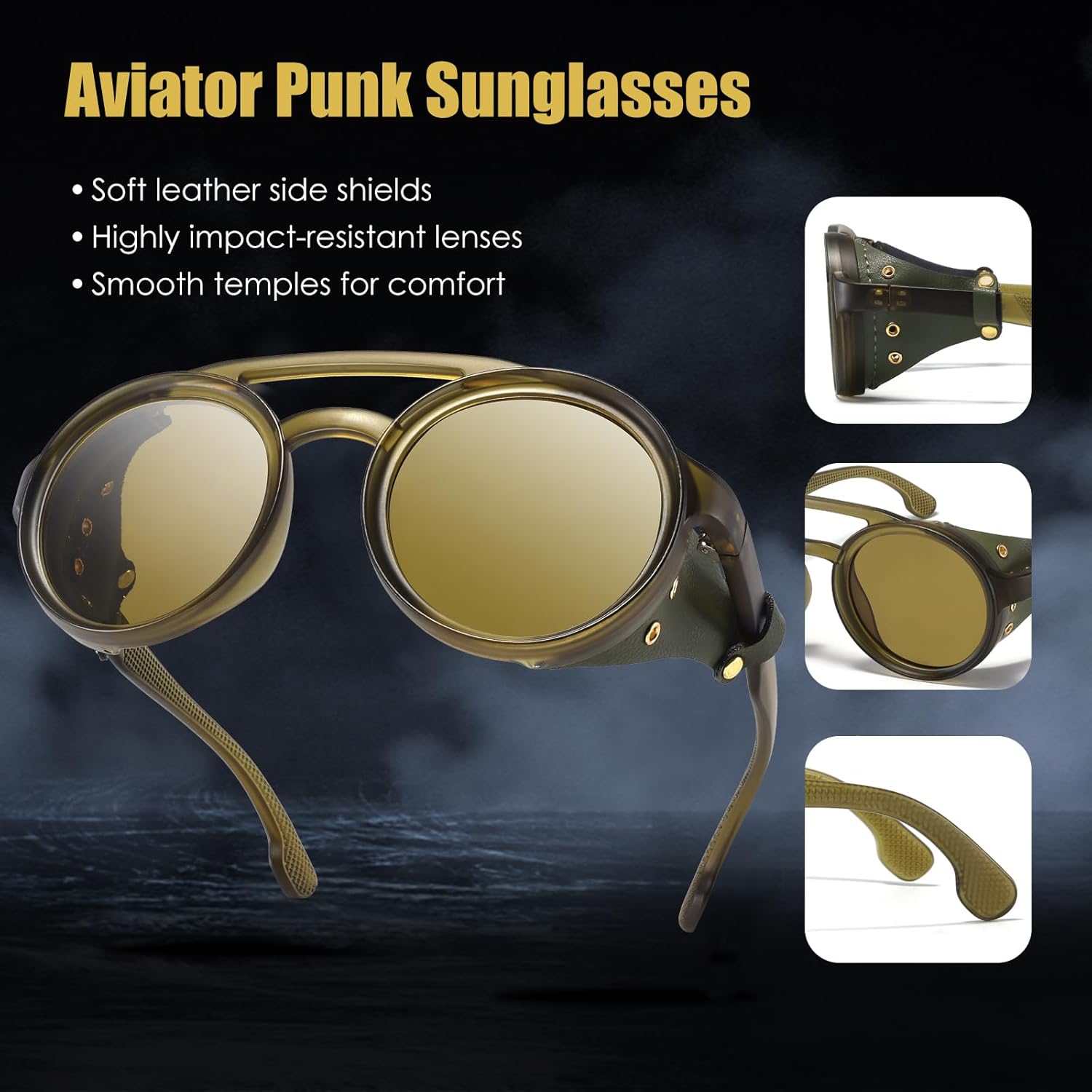 Retro Aviator Steampunk Polarized Sunglasses with Leather Side Shield Vintage Goggles Gothic Eyewear for Men Women - Image 7