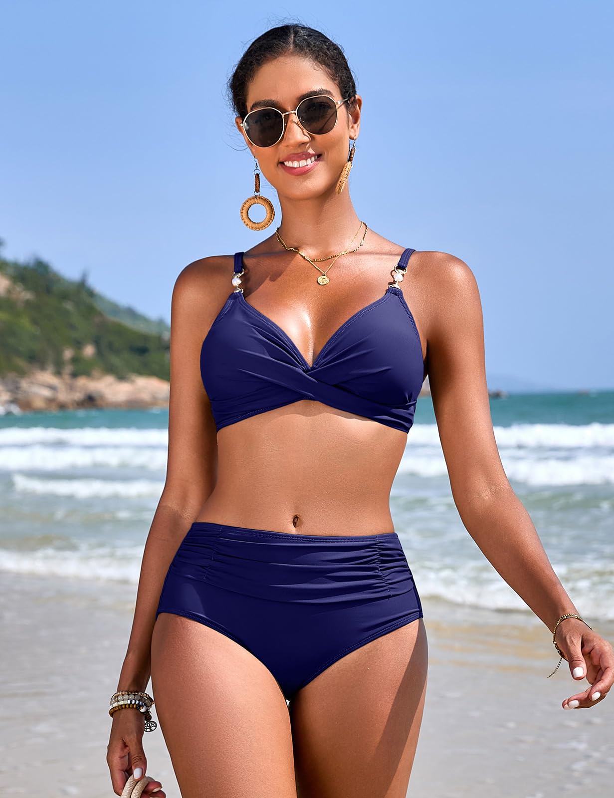 Nadeer Traje de Baño para Mujer Top Cruzado Cuello en V Dos Piezas con Perlas Sexy Elegante Conjuntos de Bikini Control de Vientre de Cintura Alta Bañador de Playa