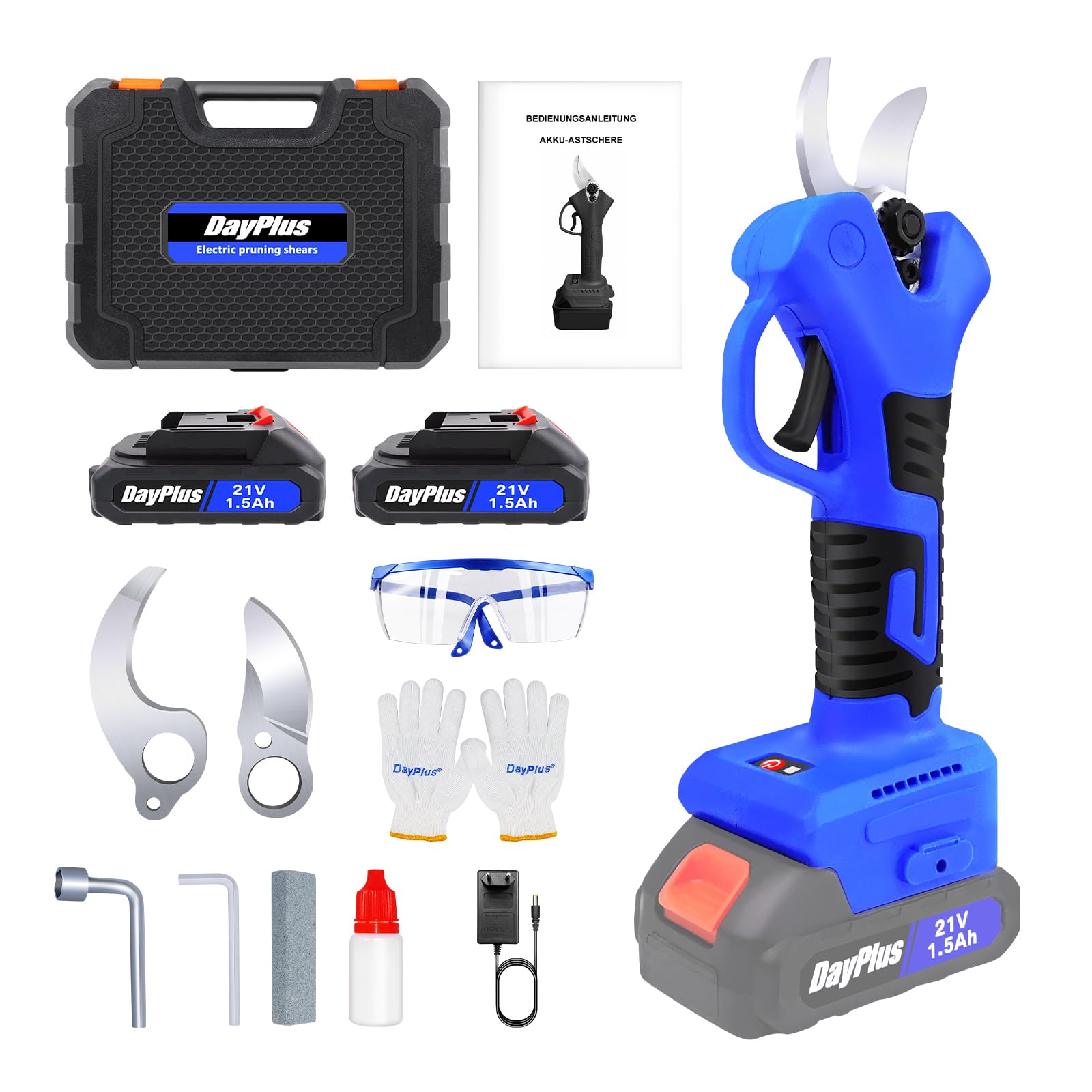 Tijeras de podar profesionales de 21 V, 25 mm de diámetro de corte, para jardín, árbol frutal, rama de árbol, herramienta eléctrica con 2 baterías y cargador