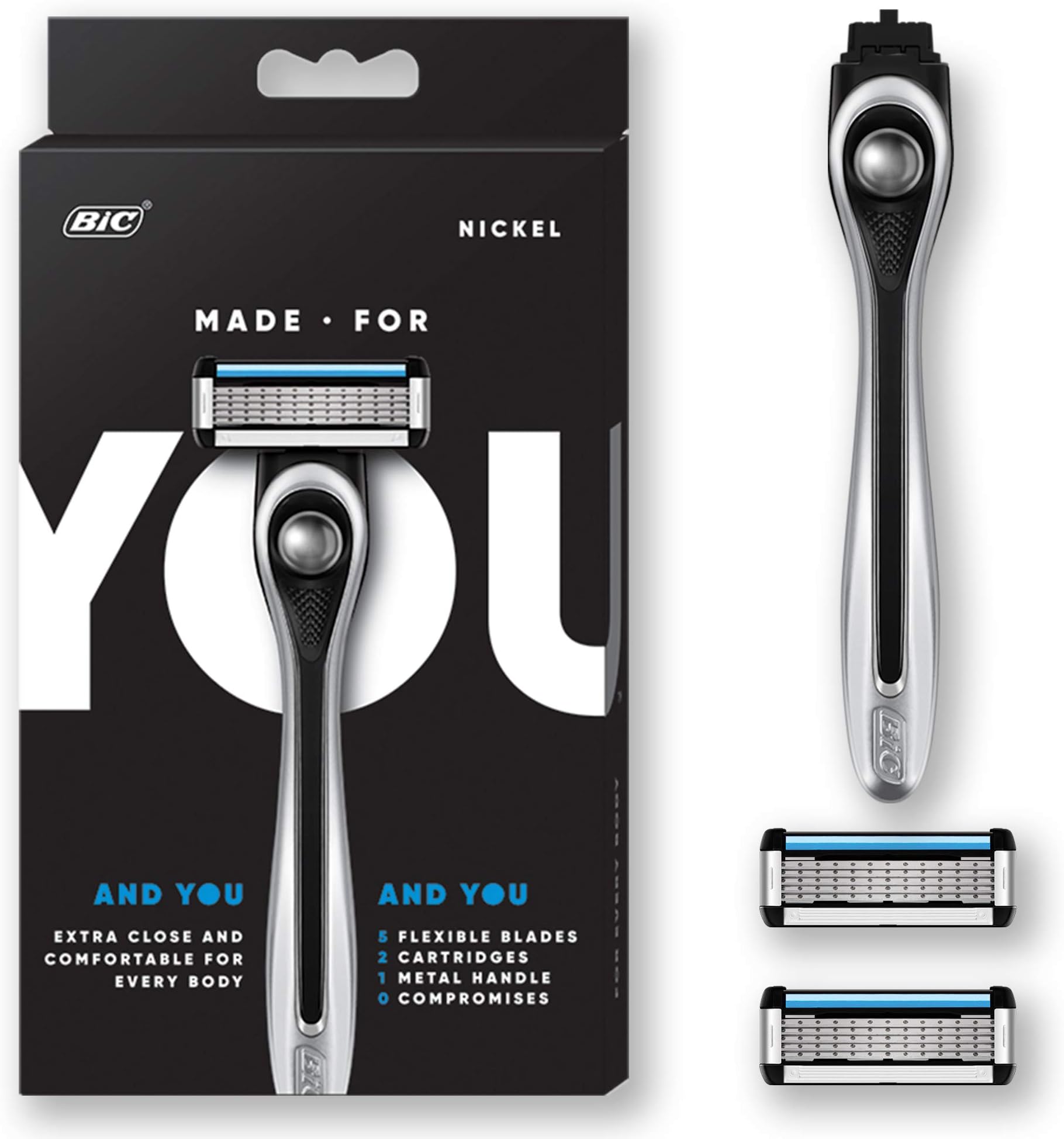 Made For YOU by BIC Shaving Razor Blades for Every Body - Men & Women, with 2 Cartridge Refills - 5-Blade Razors for a Smooth Close Shave & Hair Removal, NICKEL, Kit