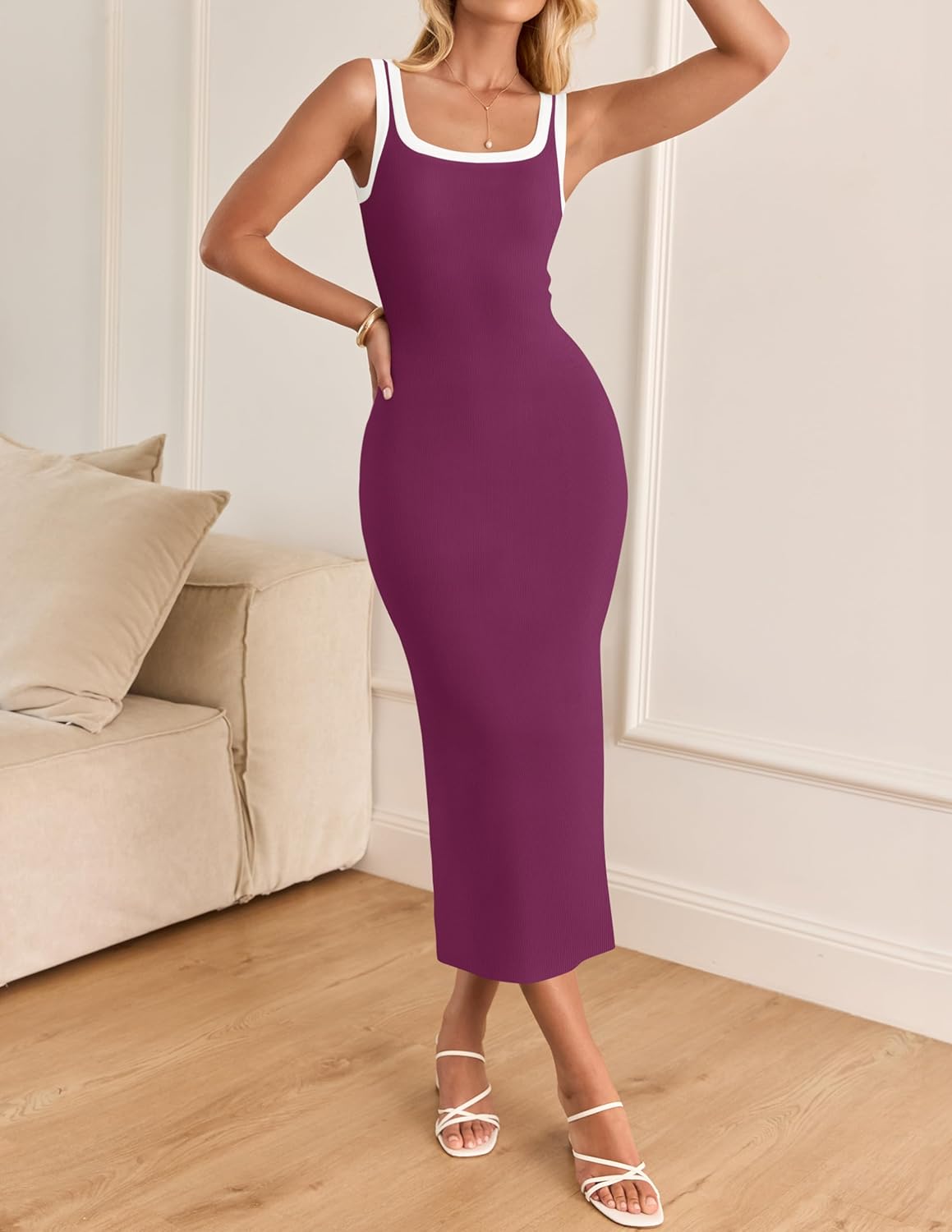 ZESICA Women's 2026 Summer Bodycon Midi Dress Casual Sleeveless Square Neck Side Slit Knit Beach Vacation Long Dresses - Image 7