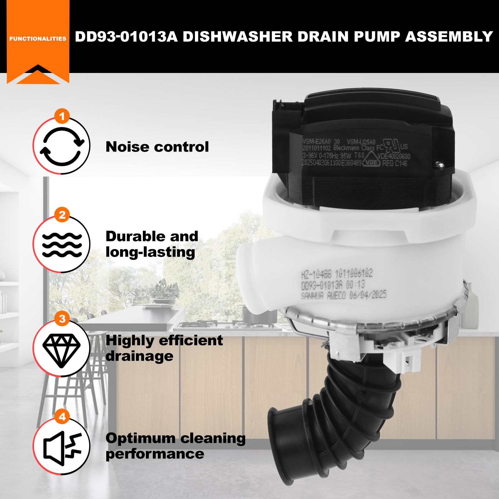 DD93-01013A - Motor de montaje de bomba de drenaje para lavavajillas BLDC VSM-E26A0, repuesto para Samsung DW80M9550US/AA, DW80M9960UG/AA, DW80M9990UM/AA, DW80R9950UT/AA, DDW24T999BB/DA