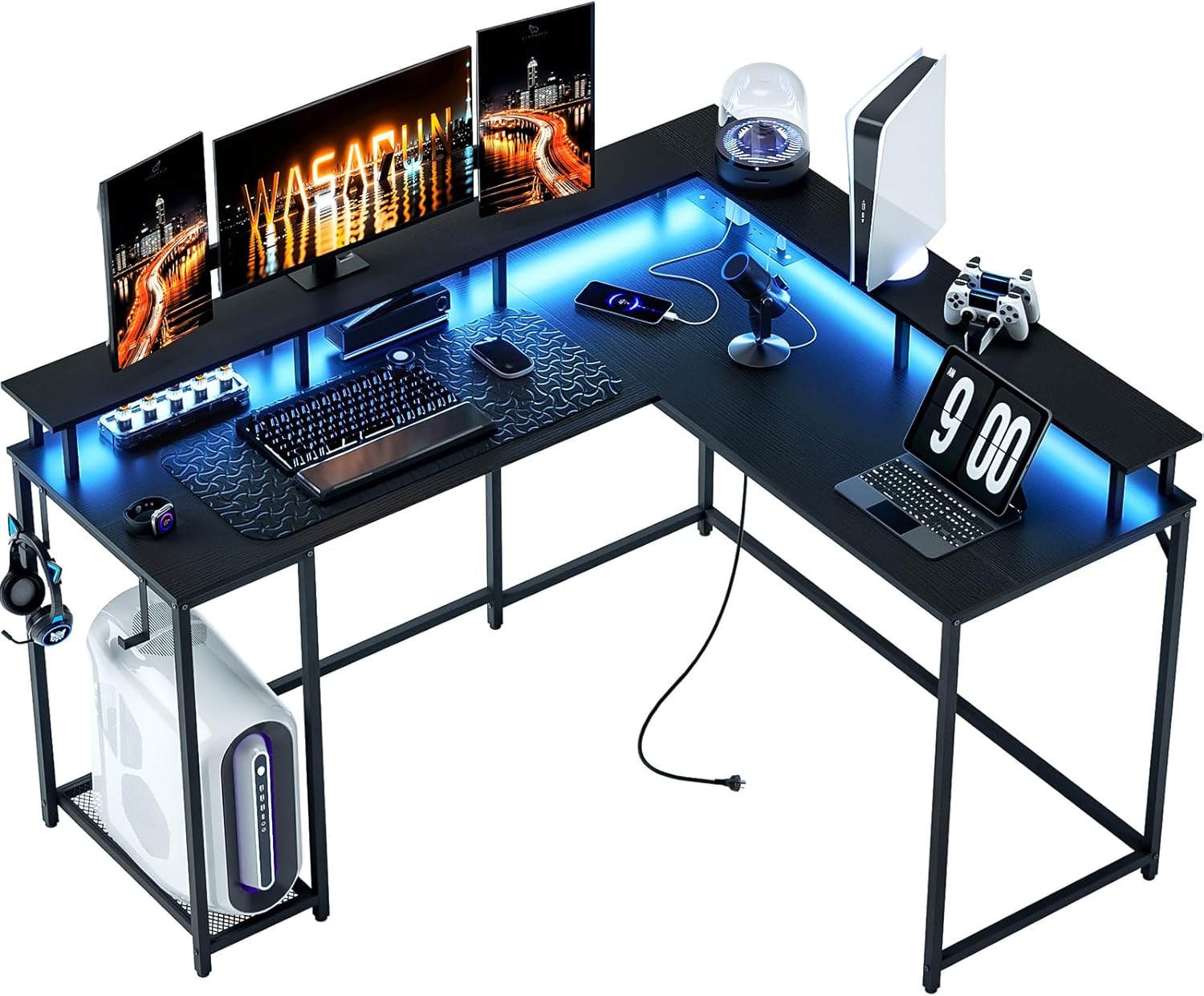 WASAGUN L Shaped Desk,Gaming Desk with Outlet,L Shaped Computer Desk,136CM,Corner Desk with Led Light,Office Desk,PC Table,Study Desk,Monitor Stand Included,Storage,Desk for Home Work,Black