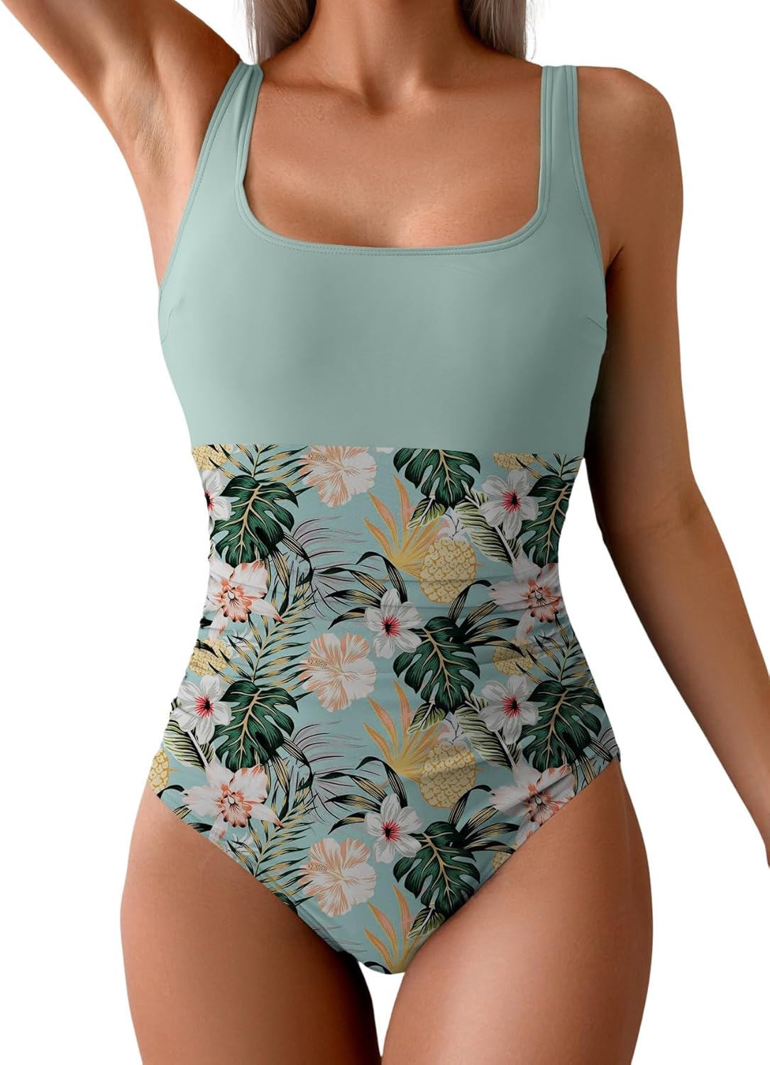 B2prity Womens One Piece Swimsuit Tummy Control Slimming Bathing Suit High Waisted Ruched Swim Suit Color Block Swimwear