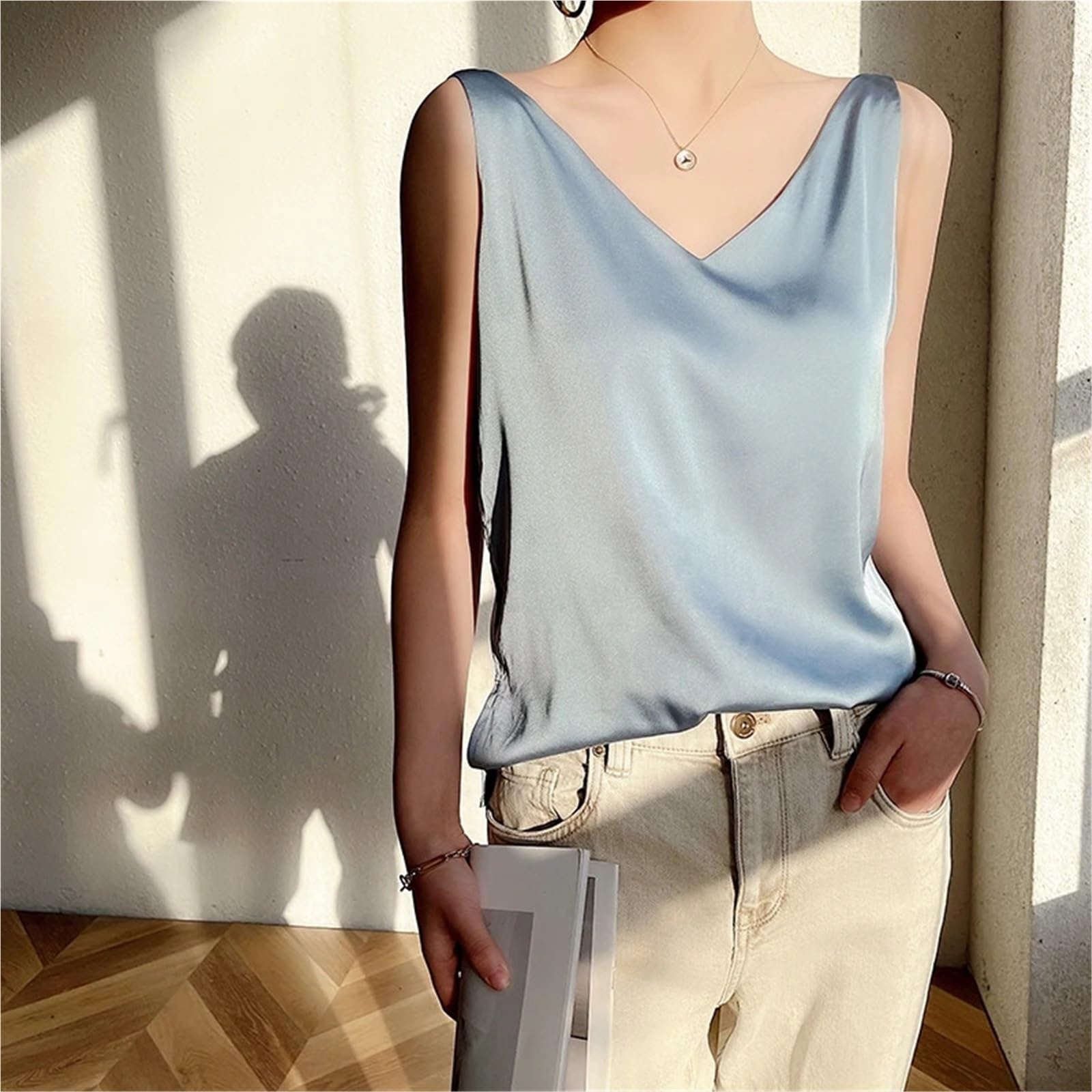 Top de Camisola de Seda Ropa Interior for Mujer, de Seda, con Tirantes y Escote en V, Lisa, combinable Todo, satén, Holgada, Fina, sin Mangas para IR al Trabajo