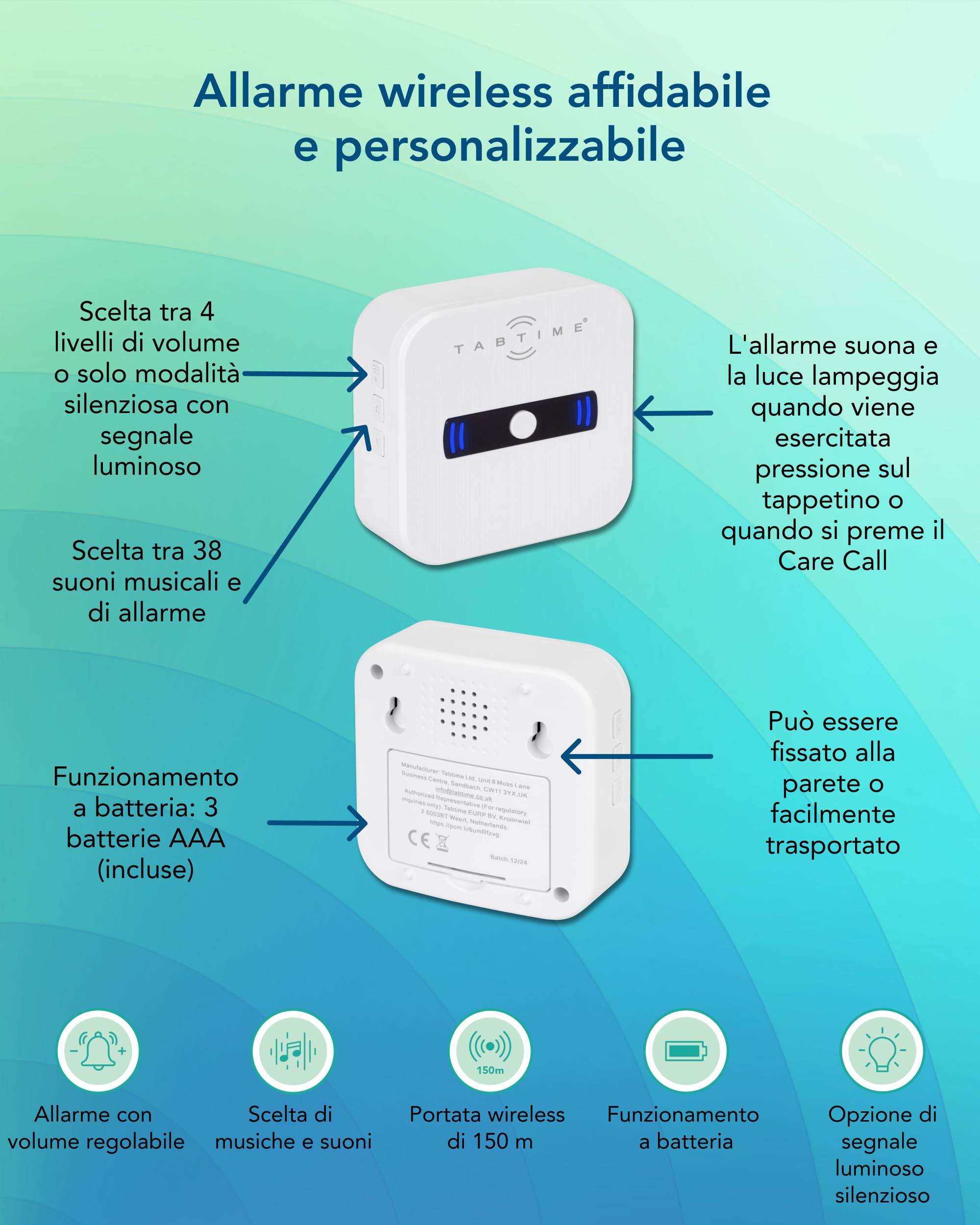 TabTime Allarme con Sensore di Pressione e Chiamate di Assistenza, Sensore per Pavimento, Sensore di Pressione, Allarme da Letto per Anziani, Sistema Simply Safe