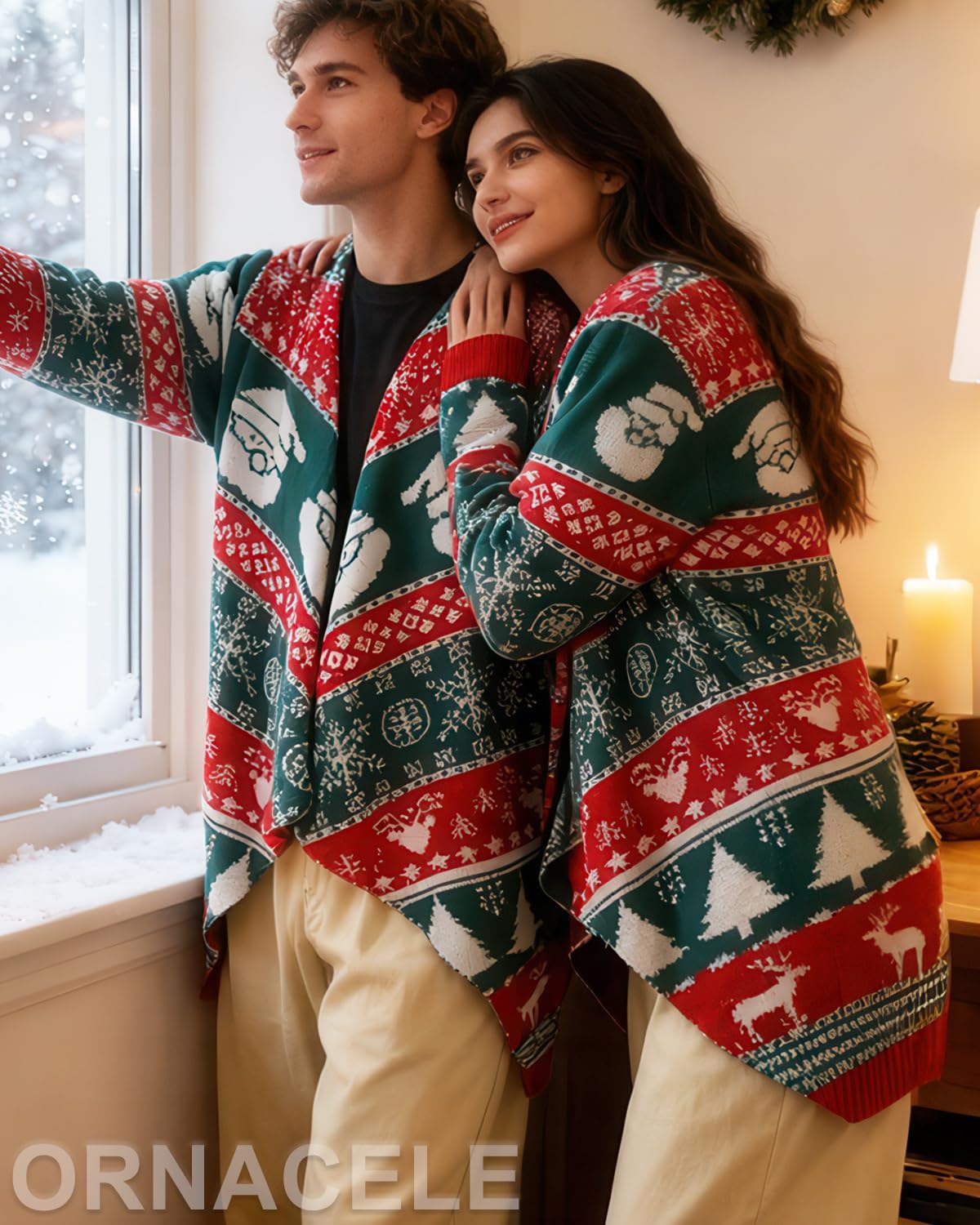 Women's Christmas Wool Cardigan - Santa Claus Snowflake Reindeer Pattern Open Front Long Sleeve Sweater for Holiday Season