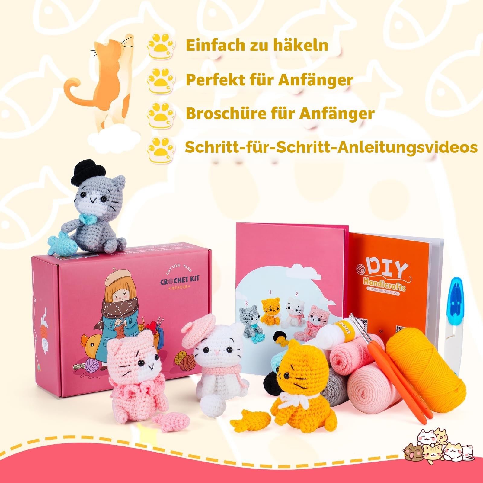 Häkelset für Anfänger Katzen Häkelset Tier-Häkelsets Komplettes Tier-Häkelset mit Schritt-für-Schritt-Video-Tutorials Häkel- und Strickset Kätzchen Gehäkeltes Starterset Set für Anfänger (Häkelkatze)