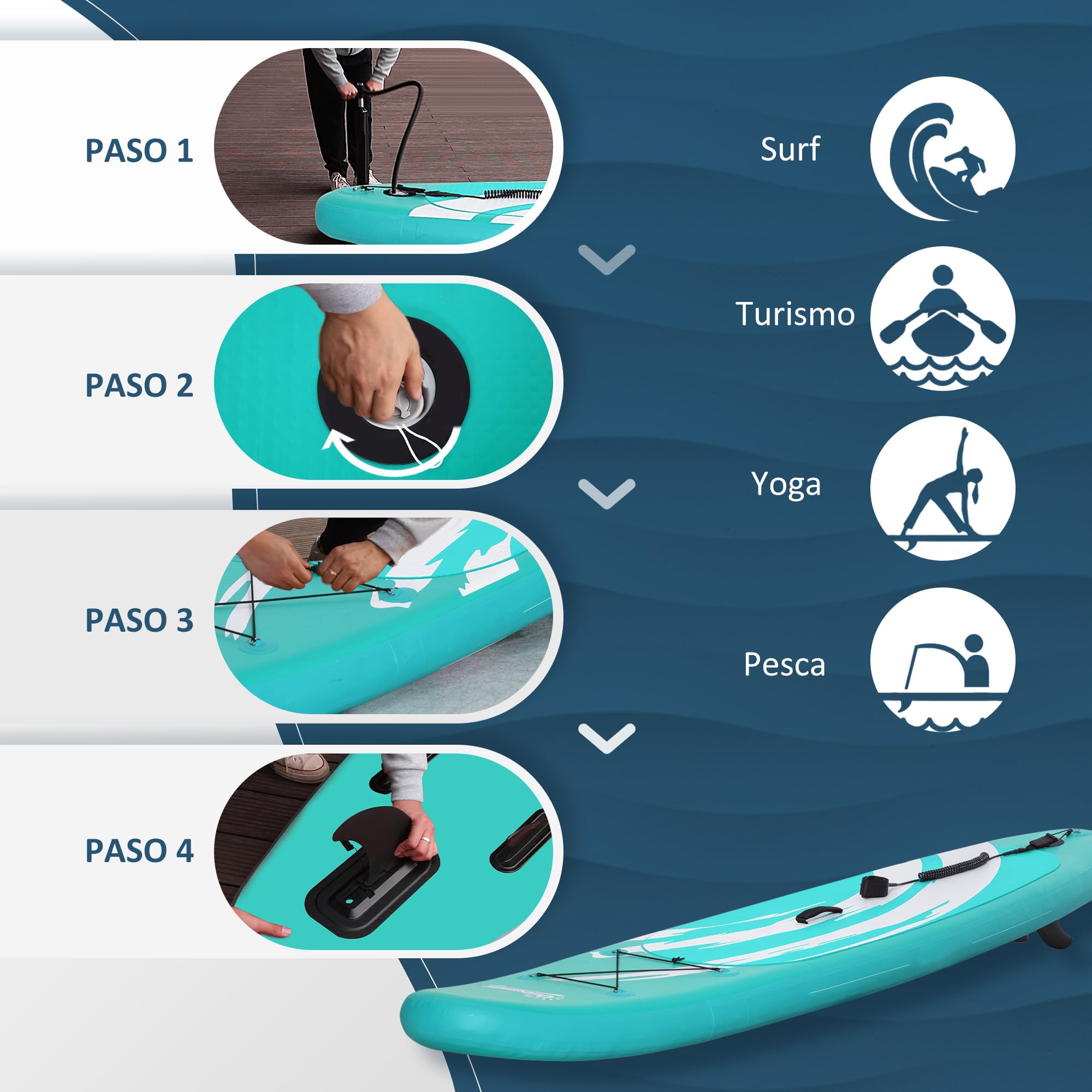 Outsunny Tabla de Paddle Surf Hinchable Tabla de Stand Up Paddling Inflable con Remo Ajustable Aletas Cubierta Antideslizante Bomba y Bolsa de Transporte