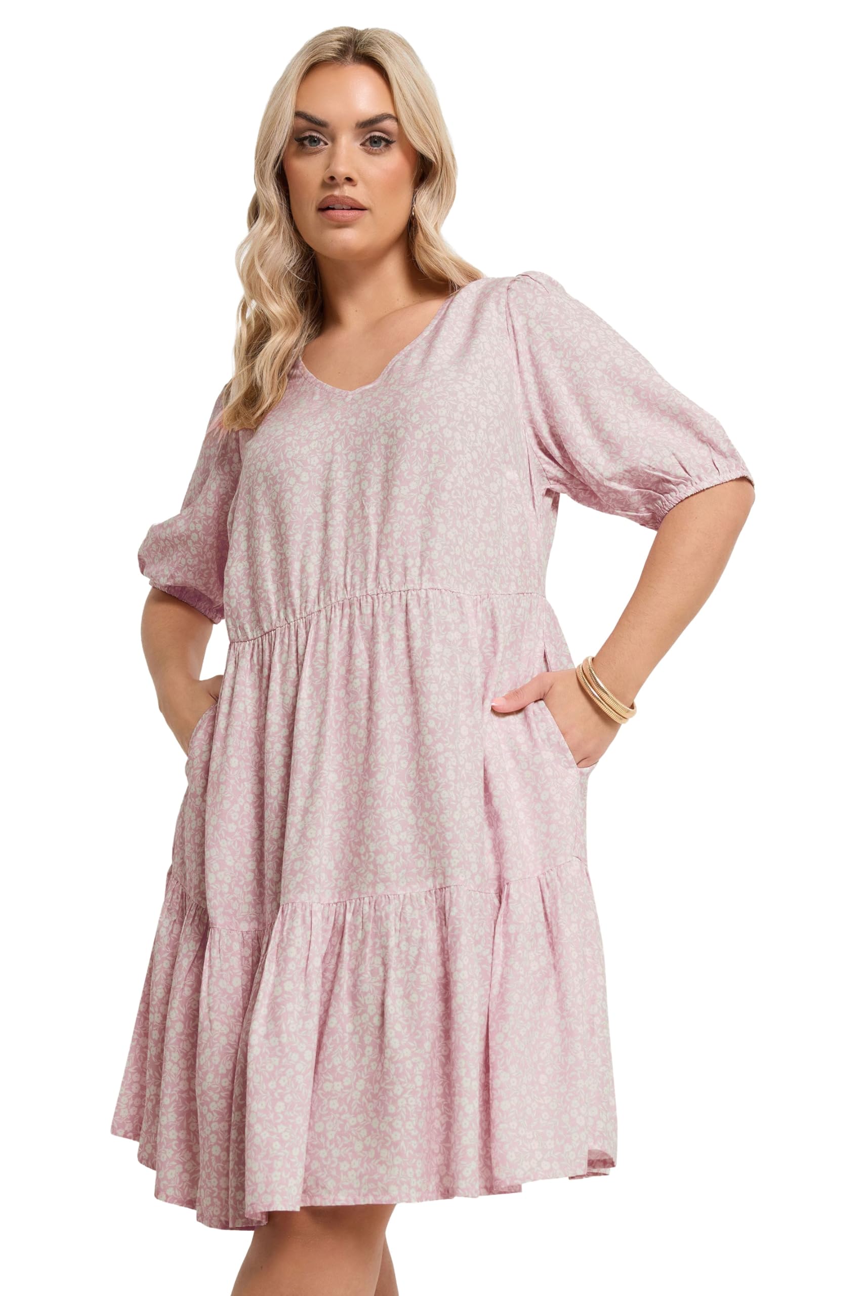 Yours Women's Light Pink Ditsy Tiered Mini Smock Dress In Size 30-32