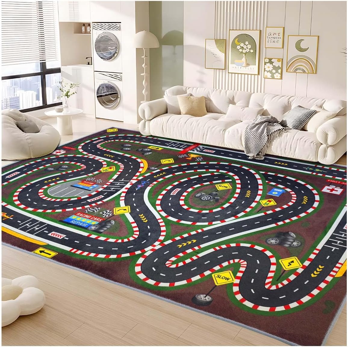 Kids Rug,Children's Room Rug,Road Race Play Rugs, Rail City Living Rugs, Washable Non-Slip Play Mats. (Grey, 47x71in)