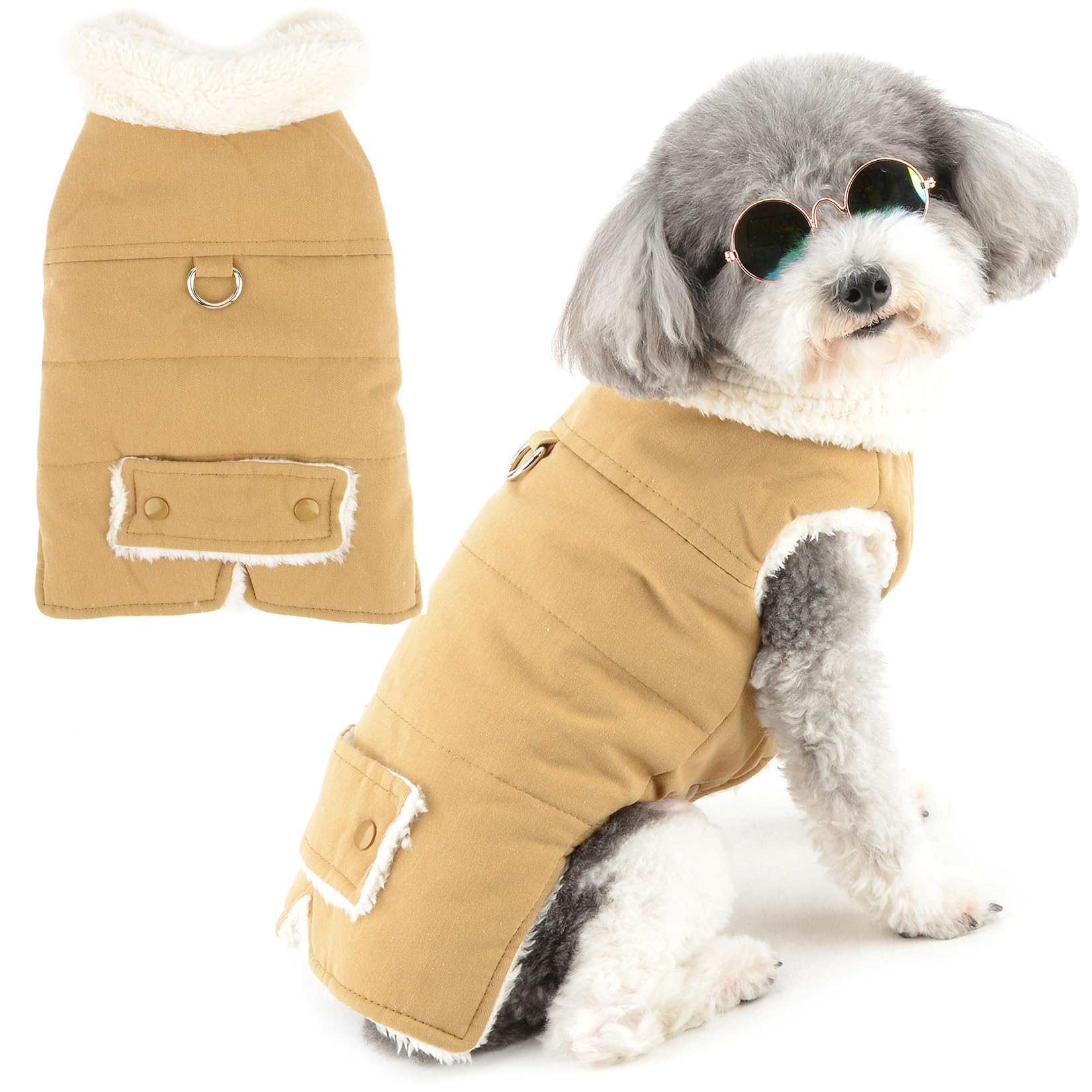 Zunea Dog Jacket Coats for Small Dogs Fleece Lined Puppy Winter Clothes with Leash Ring Cold Weather Vest Jackets Coat Chihuahua Doggy Toy Poodle Pet Apparel Khaki XL