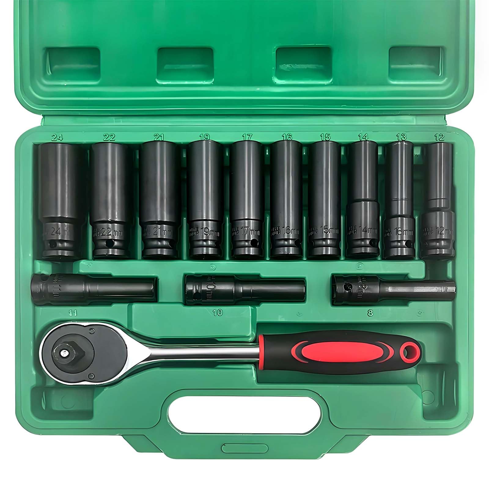Set di 14 Pezzi Chiave a Bussola Lunga 1/2" Pollice (8-24mm) con Cricchetto e Valigetta, Kit Chiavi a Bussola, Set Bussole a Impatto 1/2" per Riparazioni Auto, Cambio Gomme