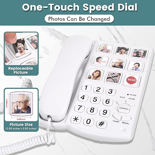 Miniatura 2 de Teléfono de botón grande para personas mayores, 9 botones de fotos grandes y marcación con un solo clic, campana fuerte, fácil de programar,