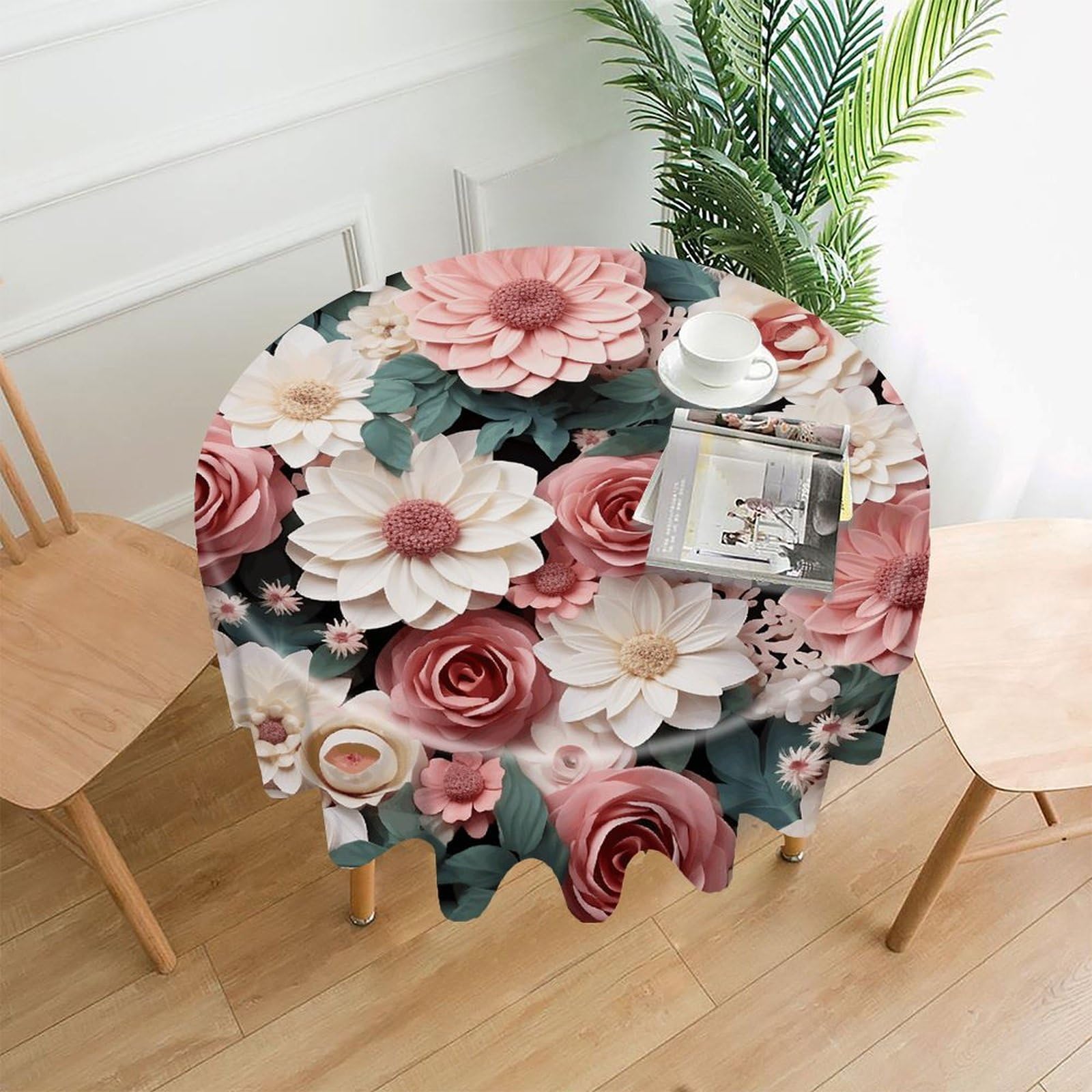 VstaDank Flowers with Pink and Green Leaves Tablecloth Easy to Clean Polyester Round Table Cover Washable Round Table Cloth Wrinkle-Free Circle Decoration Tablecloth for Kitchen Dining Room 60"