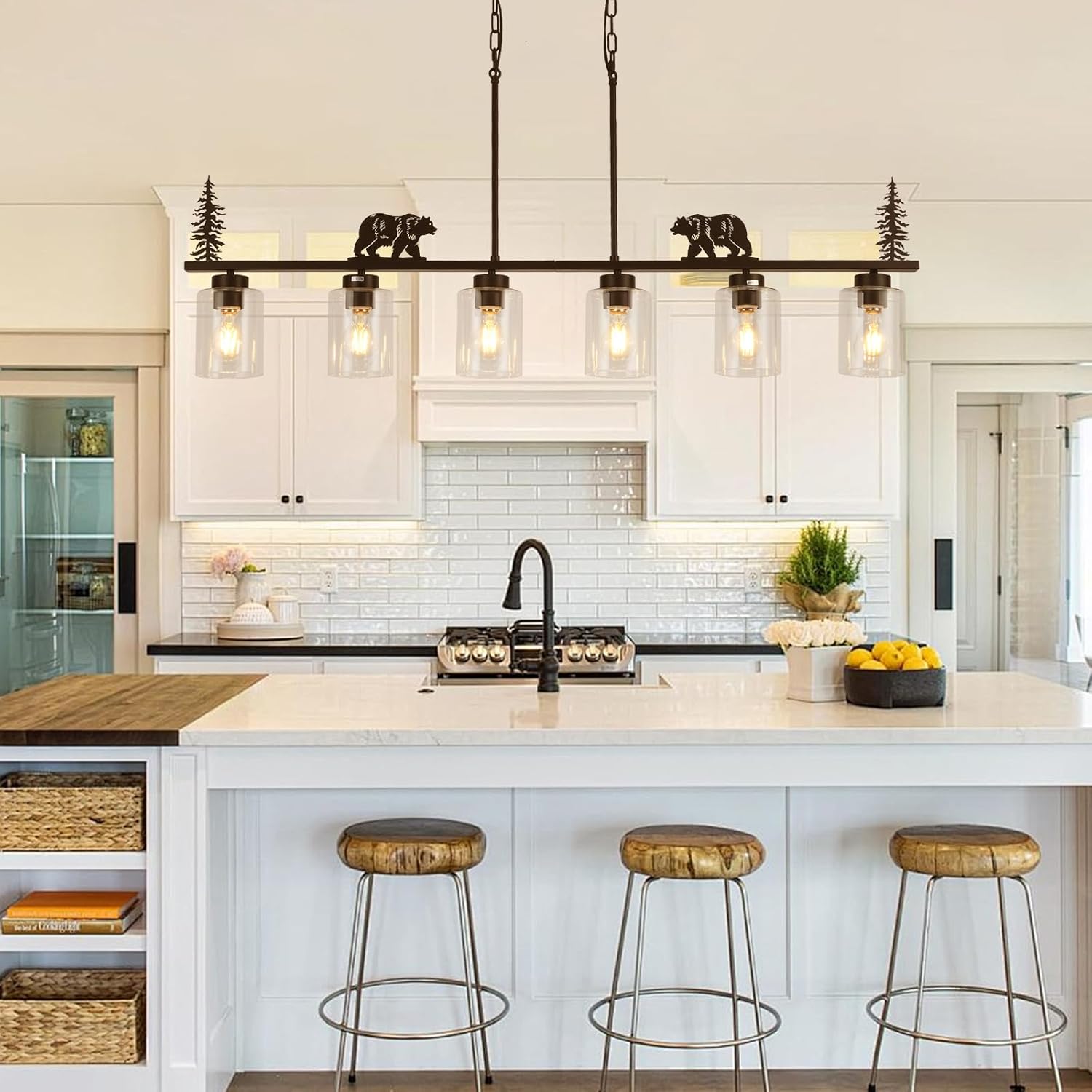 Dining Room Light Fixture/Chandelier Over Table,6-Light Kitchen Island Lighting Hanging for Farmhouse Linear Chandeliers Black Rustic Ceiling Pendant Light Fixtures with Clear Glass Shade