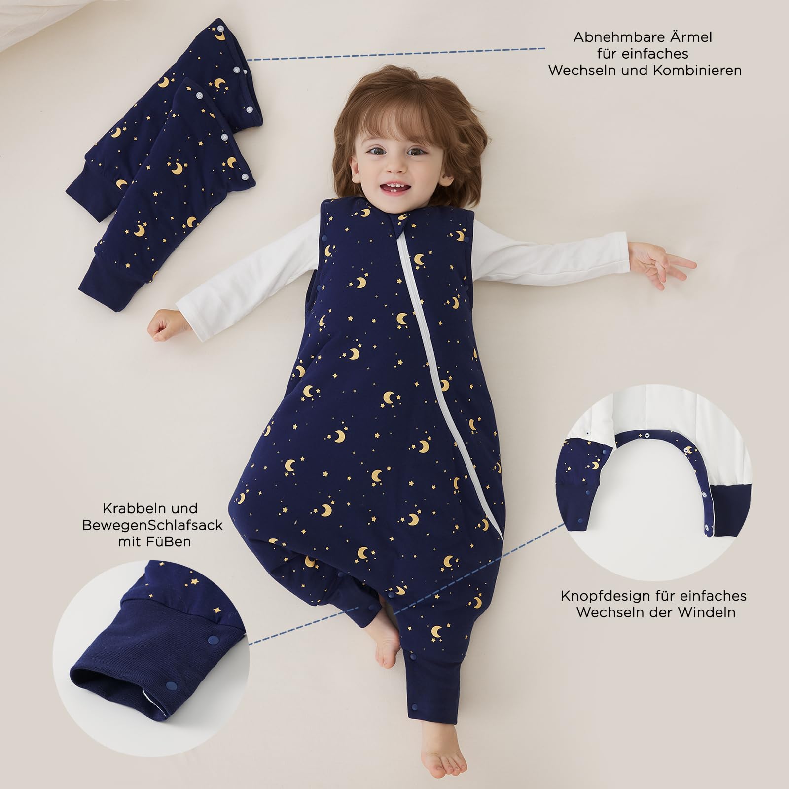 Duomiaomiao Saco de dormir para bebé de 2,5 tog, 100 % algodón, con piernas, cálido saco de dormir para bebé con pies de 12 a 24 meses, luna
