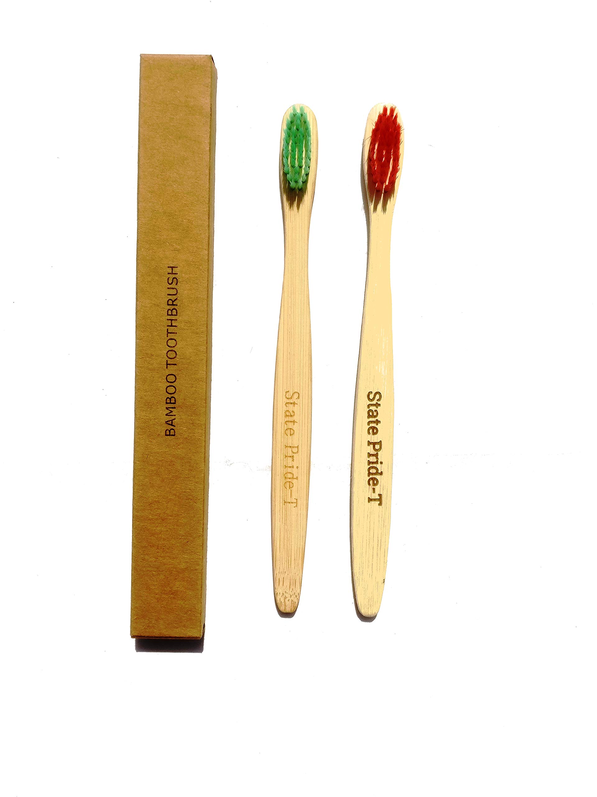 State Pride -T Biodegradable Eco-Friendly Green Nylon and Red Bristles Bamboo Toothbrush for Adults - Pack Of 2 with Free Cotton Pouch
