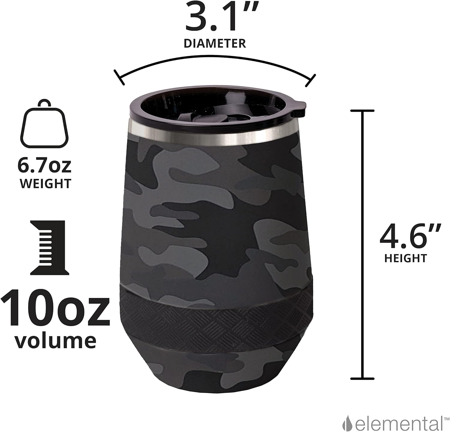 Elemental Recess Wine Tumbler - Triple Wall Insulated Stainless Steel Coffee Mug for Hot & Cold Drinks - Portable Cup with Shatterproof Sip Lid for Camping, Outdoor & Travel - 10oz - Black Camo - Image 4