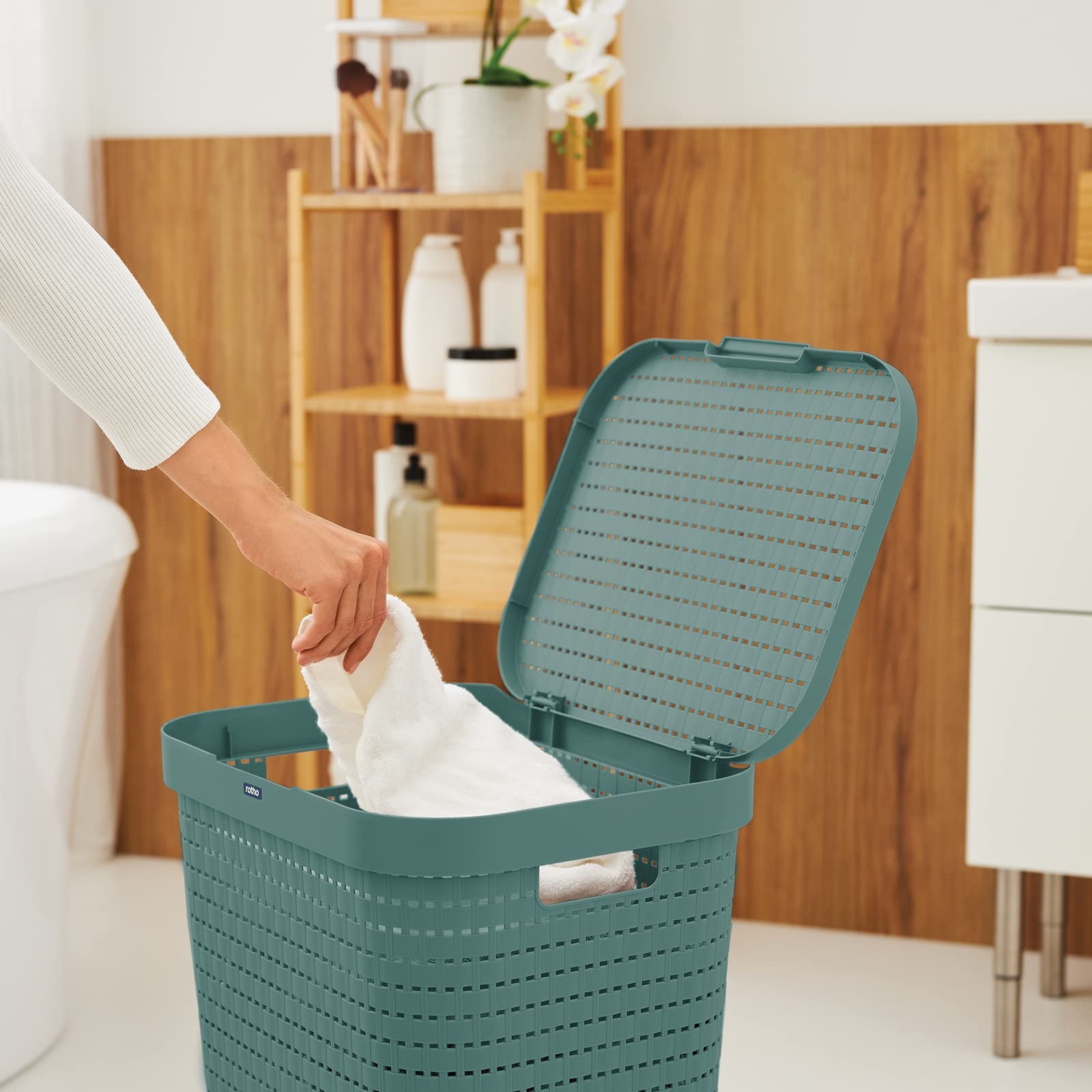 Panier à Linge Rotho Country 55L – Rotin Aspect Naturel, Couvercle, Anthracite, Ventilation Optimale